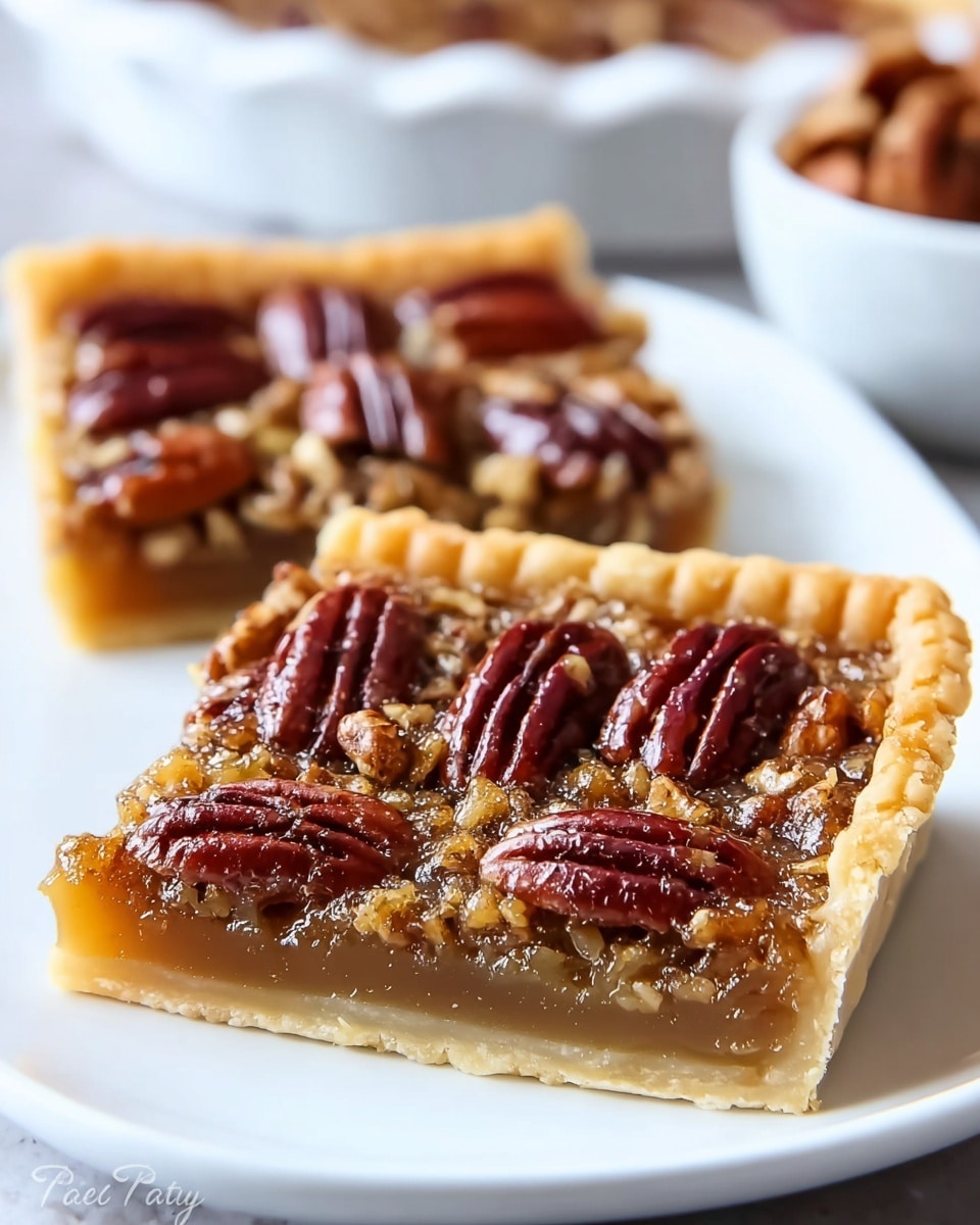 The image shows two square pecan pies on a white plate placed on a white marbled surface. Each pie has three distinct layers: a light golden-brown flaky crust on the bottom, a shiny caramel-like filling layer in the middle that is thick and gooey, and a top layer covered with whole and halved glossy toasted pecans arranged closely together. The pecans have a deep reddish-brown color with a slightly glossy texture from the sweet coating. The edges of the crust are crimped and slightly raised, adding texture to the pie. The background is softly blurred, making the pies the clear focus of the photo. Photo taken with an iphone --ar 4:5 --v 7