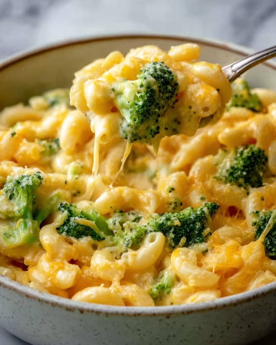 A close-up view of a creamy macaroni and cheese dish with bright green broccoli florets mixed in. The pasta is soft, covered evenly in smooth, thick cheese sauce that is light orange in color. The broccoli pieces are scattered throughout, showing their rough texture and vibrant green color, adding contrast to the cheesy pasta underneath. A spoon is scooping a portion, with some cheese strings stretching. The dish is served in a white pan with a white marbled surface in the background. Photo taken with an iphone --ar 4:5 --v 7