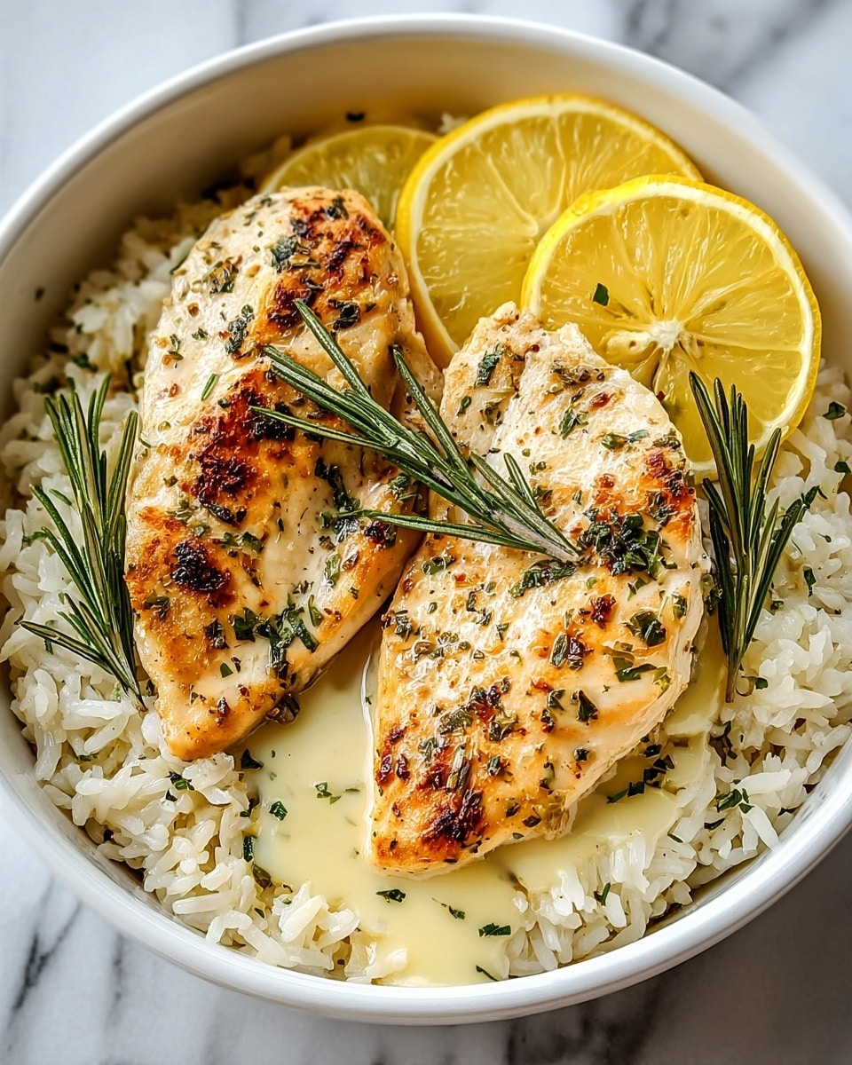 Two cooked chicken breasts sit on a bed of white rice inside a white bowl with a black rim. The chicken is golden brown with some spots crisped, sprinkled with green herbs and topped with small green sprigs of rosemary. The rice underneath is fluffy and white, soaking up light sauce with visible herbs. Around the chicken and rice are three lemon wedges, two resting on the side near the edge of the bowl and one on top of the rice near the bottom right. A small green herb sprig lies behind the chicken near the lemon wedges. The entire scene is set on a white marbled surface. photo taken with an iphone --ar 4:5 --v 7