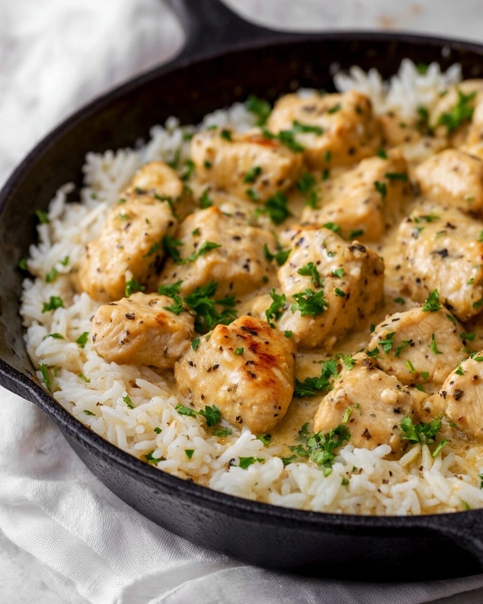 A black cast iron skillet filled with a creamy dish featuring about eight golden brown chicken pieces scattered evenly on top. Beneath and around the chicken are soft, plump white rice grains soaked in a light yellow creamy sauce, speckled with green parsley leaves finely chopped and sprinkled all over for garnish. The skillet sits on a white marbled surface with a blurred light beige cloth in the background, highlighting the creamy texture and moist look of the dish. photo taken with an iphone --ar 4:5 --v 7