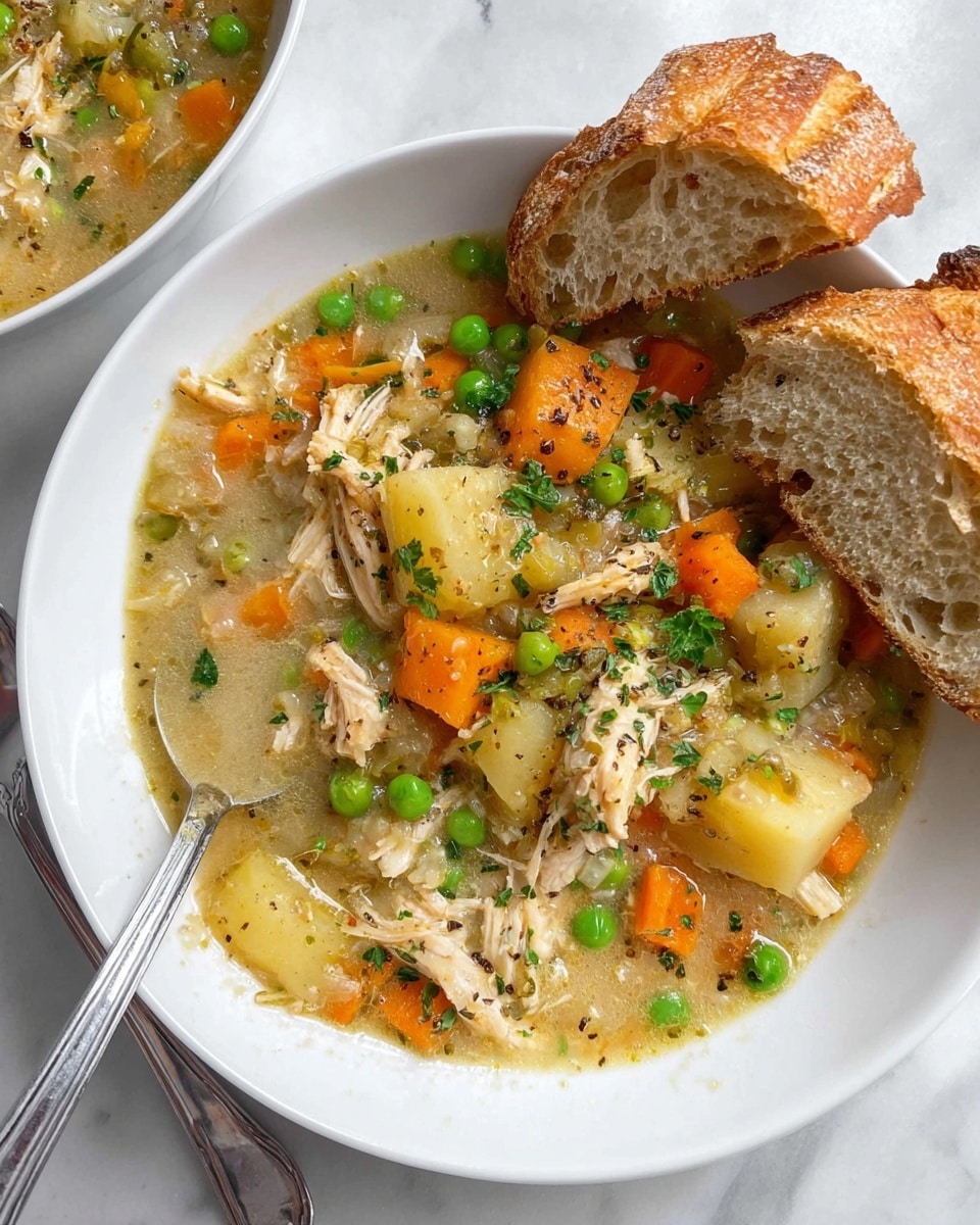 The image shows a white bowl filled with thick chicken and vegetable soup, featuring chunks of chicken, orange carrot pieces, bright green peas, and light yellow potato chunks in a creamy broth with visible herbs sprinkled on top. A piece of toasted bread with a golden-brown crust is placed on the edge of the bowl, partly dipping into the soup. A stainless steel spoon is resting inside the bowl on the left side, and another similar bowl of soup is blurred in the background, all set on a white marbled surface. photo taken with an iphone --ar 4:5 --v 7