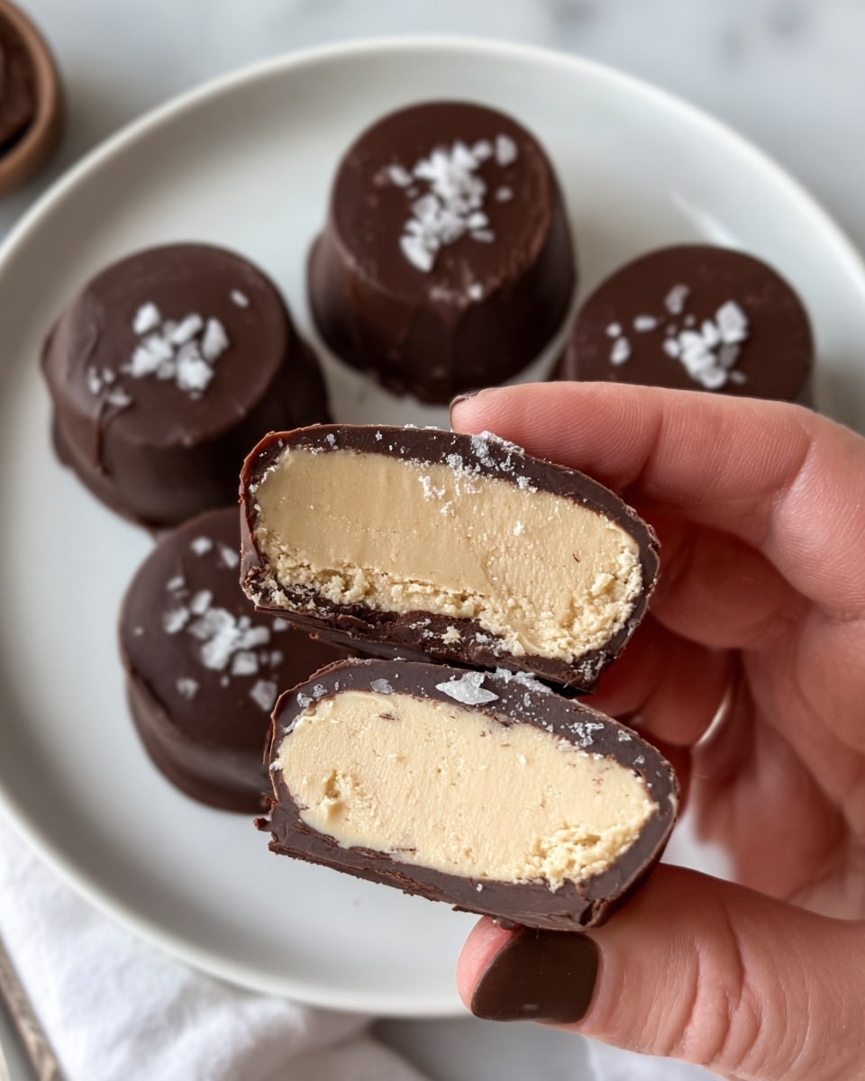 A close-up image showing a woman's hand holding two halves of a round chocolate-covered treat, revealing a thick, creamy, light beige filling inside. The outer layer is a smooth, dark brown chocolate shell with a glossy finish and small bits of salt sprinkled on top. In the background, three whole treats with the same dark chocolate coating and salt are placed on a white plate, all set on a white marbled surface. The image captures the textures of the creamy filling and shiny chocolate. Photo taken with an iphone --ar 4:5 --v 7