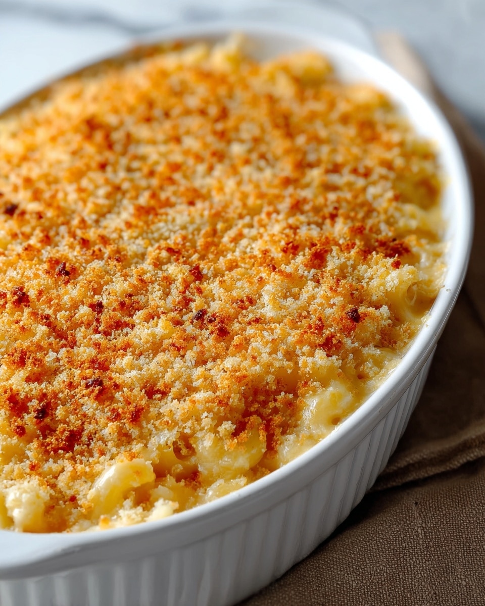 The dish is a creamy baked macaroni and cheese in a white oval ceramic dish. It has two main layers: the bottom layer is soft pasta covered in a smooth, pale yellow cheese sauce, and the top layer is a golden-brown crust made of toasted breadcrumbs with some spots darker than others, giving it a crunchy texture. The dish rests on a white marbled surface with a striped cloth peeking beneath it. Photo taken with an iphone --ar 4:5 --v 7