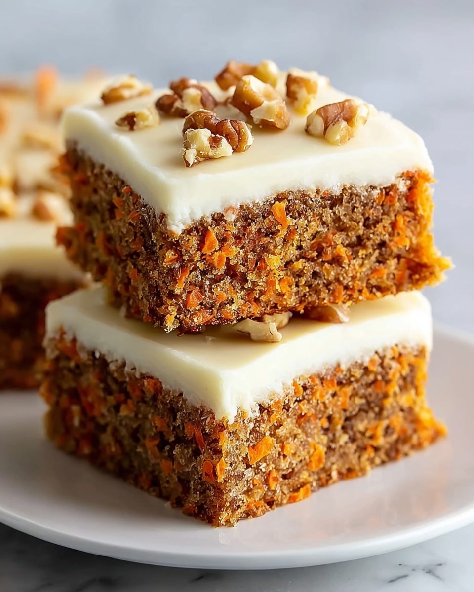 Two square pieces of carrot cake are stacked on top of each other on a white plate. Each piece has two layers: the bottom layer is a moist, textured cake with visible small orange carrot bits and a brown crumb, while the top layer is a smooth, creamy white frosting. The top piece is decorated with several small pieces of chopped walnuts in the center. The white plate sits on a white marbled texture surface. Photo taken with an iphone --ar 4:5 --v 7