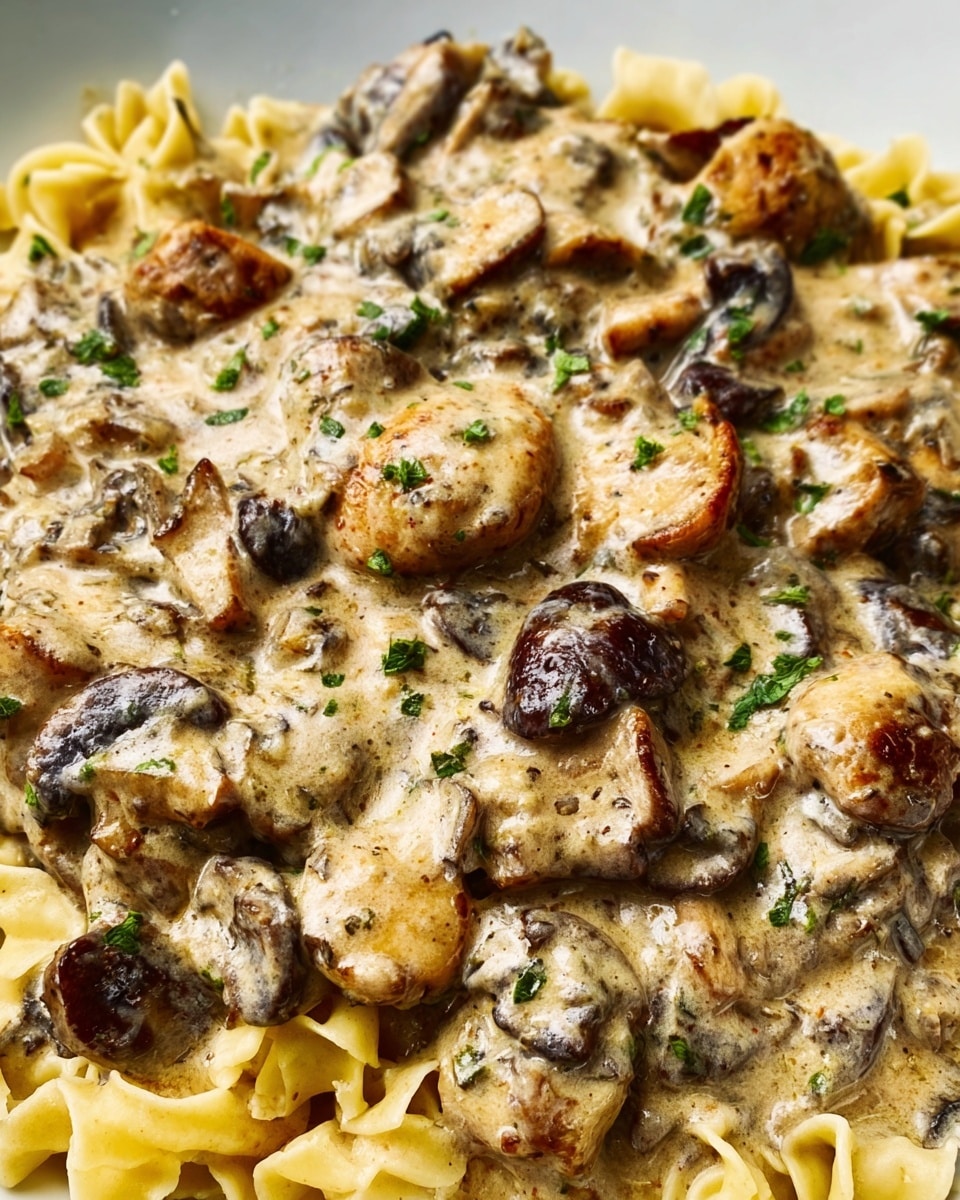 A white plate sits on a white marbled surface, holding a serving of light yellow egg noodles at the bottom layer with a slightly curled and soft texture. On top, there is a thick, creamy brown sauce with visible pieces of sautéed mushrooms, which have a glossy and tender look. Small green herb leaves are sprinkled over the sauce, adding contrast and freshness to the dish. The creamy sauce covers the noodles unevenly, showing the paste-like texture with chunks inside. photo taken with an iphone --ar 4:5 --v 7