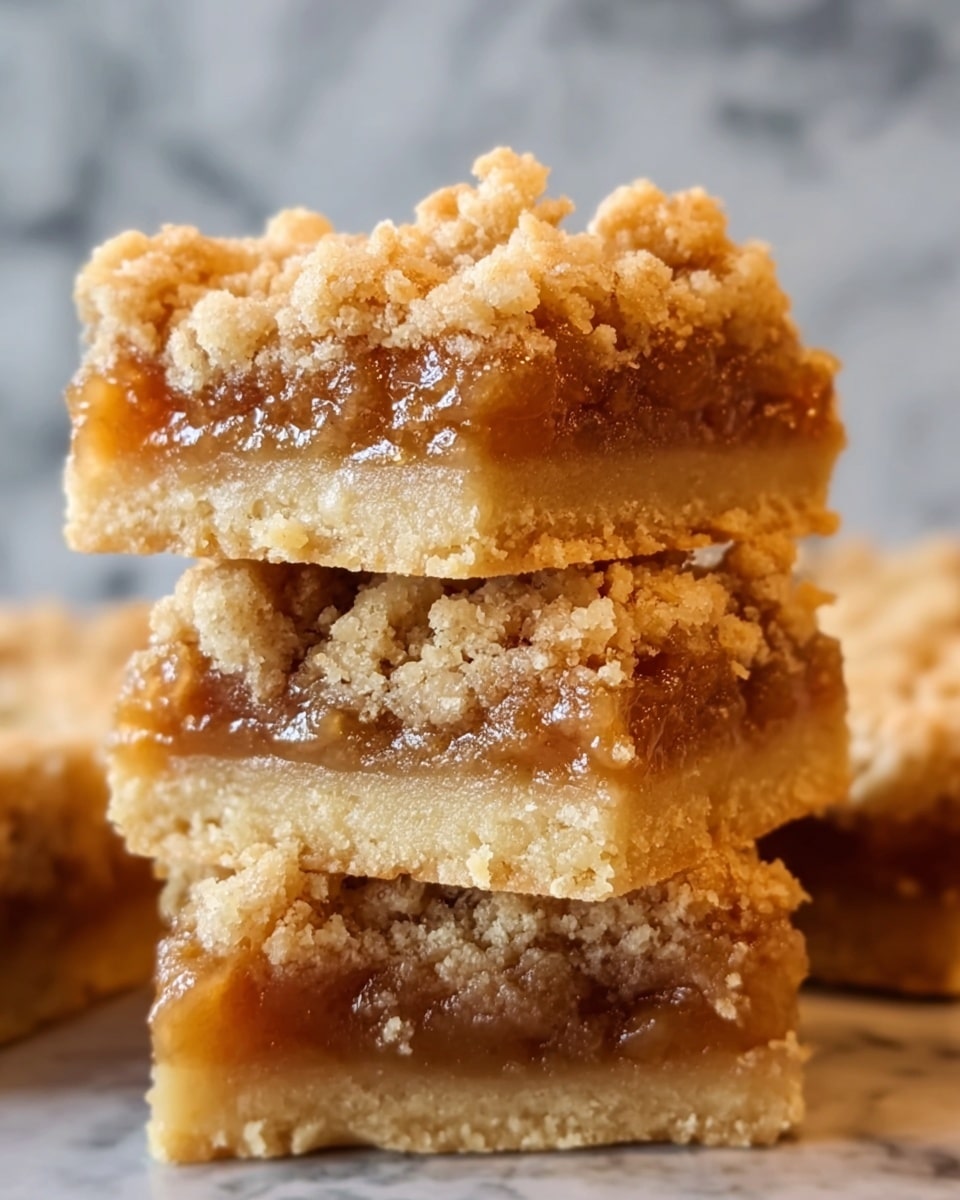 A close-up view of a stack of three dessert bars on a white marbled surface, each bar showing three distinct layers: the bottom layer is a firm, light beige crust; the middle layer is a gooey, translucent caramel-like filling with visible bits of soft fruit or nuts; and the top layer is a crumbly, golden brown streusel with a coarse texture. The bars are irregularly stacked, leaning slightly, with the top bar showing more defined crumb topping details and shiny filling edges. The background is softly blurred with a hint of green and yellow color. Photo taken with an iphone --ar 4:5 --v 7
