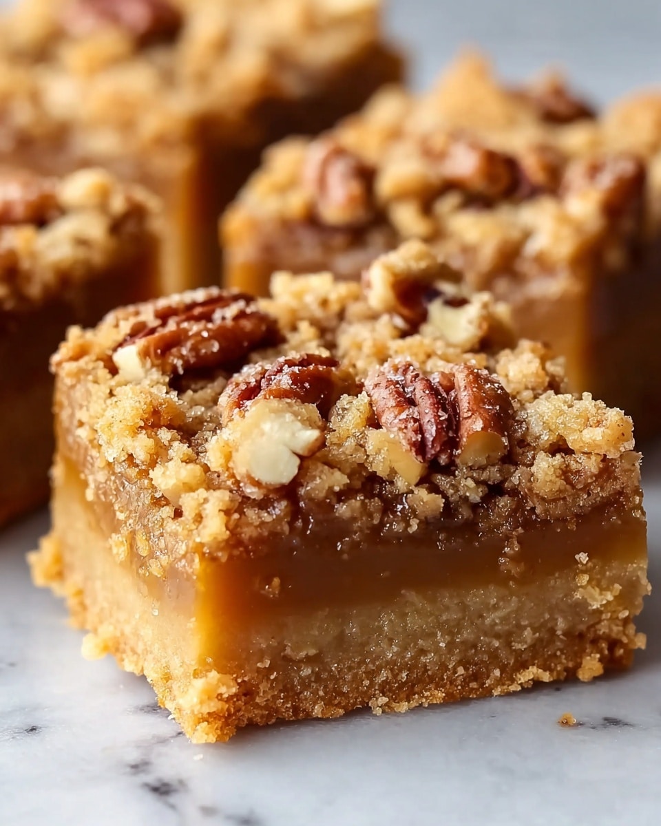 A close-up view of a square bar shows three clear layers: the bottom layer is a crumbly, light brown crust with a slightly rough texture; the middle layer is a smooth, gooey caramel-colored filling with a soft sheen; the top layer is a crumbly streusel with a golden-brown color, studded with whole and chopped pecan nuts that add texture and depth; the bar is set on a dark surface with blurred similar bars in the background. photo taken with an iphone --ar 4:5 --v 7