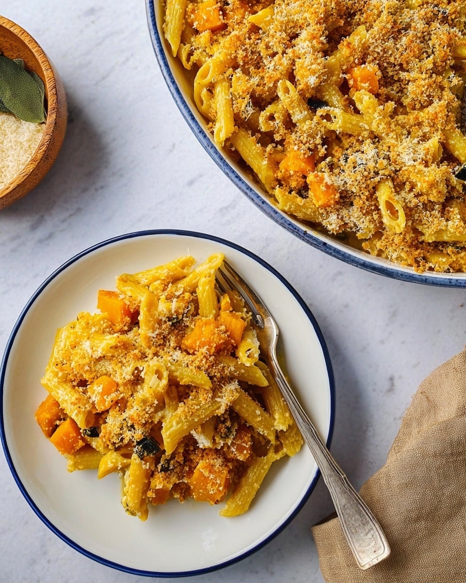 A white plate holds a single serving of baked penne pasta. The pasta is golden yellow with pieces of orange butternut squash scattered throughout. The top layer is covered with a light, crispy golden-brown breadcrumb and cheese crust. The plate sits on a white marbled surface next to a bowl of the same baked pasta in a deep white dish with a blue rim. A fork rests on the plate, and a woman's hand is about to reach for it. photo taken with an iphone --ar 4:5 --v 7