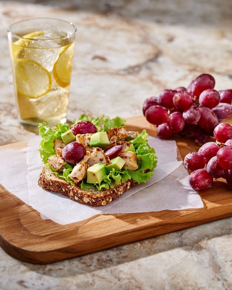 The image shows an open-faced sandwich on a slice of seeded whole grain bread placed on white parchment paper on a wooden cutting board. The sandwich has a green leafy lettuce base, topped with light green avocado chunks, grilled chicken pieces with a slightly browned texture, and red grapes cut in half, adding a pop of purple-red color. To the right of the sandwich, a small bunch of whole red grapes rests on the cutting board. Behind the board, there is a clear glass filled with iced lemon tea, showing visible lemon slices and ice cubes. The entire scene is set on a white marbled textured surface. photo taken with an iphone --ar 4:5 --v 7