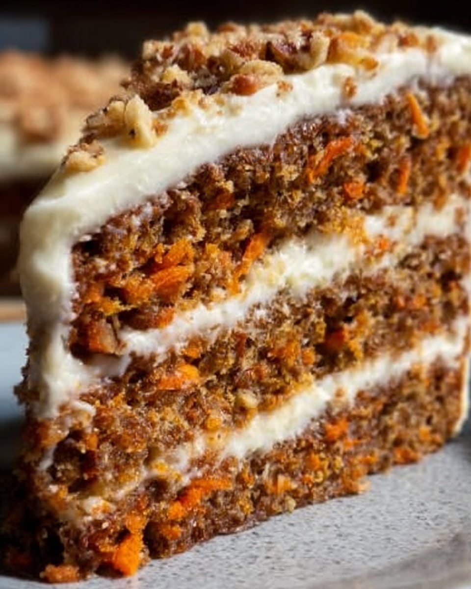 The image shows a close-up slice of carrot cake with three visible layers. The cake layers are brown with small orange carrot pieces throughout, giving it a moist, textured look. Between each cake layer and on top, there is a thick layer of white cream cheese frosting that appears smooth and creamy. The top edge of the cake has some crushed nuts sprinkled on the frosting, adding a crunchy texture. The photo is taken with an iphone --ar 4:5 --v 7