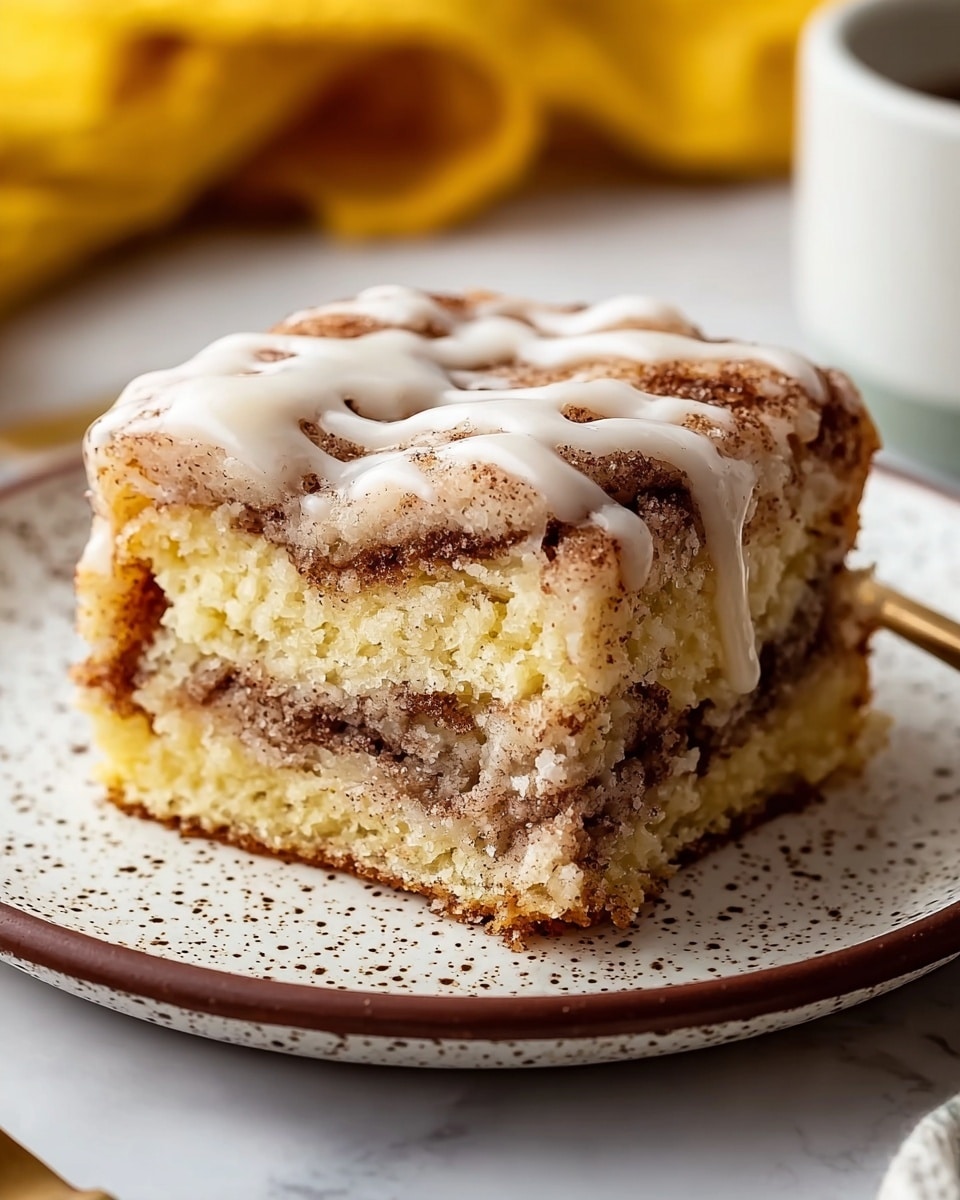 A close-up view of a square piece of cinnamon roll cake sits on a white plate with dark speckles and a brown rim. The cake has three visible layers: two light golden soft cake layers and a thick middle layer filled with brown cinnamon swirls. The top is covered with a creamy white glaze that drizzles unevenly over the cinnamon-spiced surface. The plate rests on a white marbled texture, with a blurred yellow cloth in the background and a hint of a white cup on the side. Photo taken with an iphone --ar 4:5 --v 7