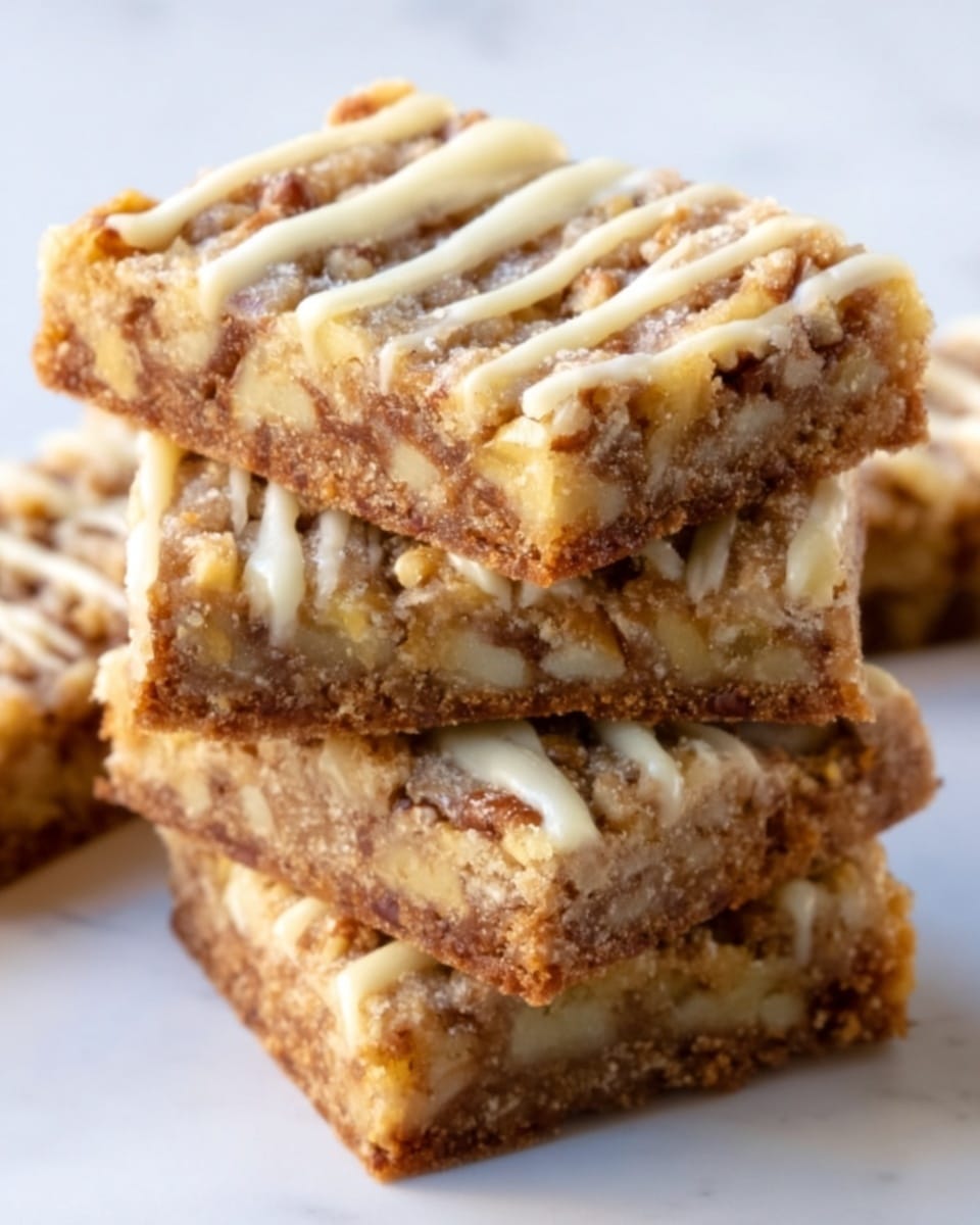A stack of four rectangular bars with a golden brown base that looks chewy and filled with pieces of nuts, topped with a thin layer of white icing drizzle. Each bar shows a crisp, slightly textured top with visible walnut pieces embedded. The bars are stacked unevenly, creating a sense of depth, and the white marbled surface underneath adds a clean, bright contrast. photo taken with an iphone --ar 4:5 --v 7