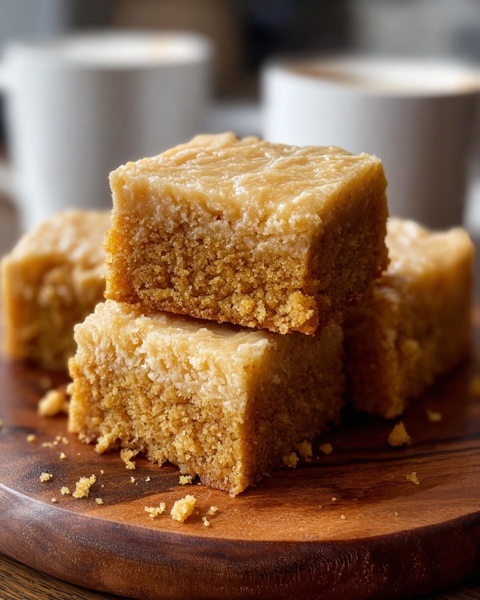 The image shows a stack of three square pieces of soft, moist dessert with a light brown color and crumbly texture on a round wooden board. The top layer is smooth and slightly glossy, while the sides reveal a dense, grainy middle layer with small, uneven crumbs. The background features blurred white cups, creating a cozy and warm feel. photo taken with an iphone --ar 4:5 --v 7