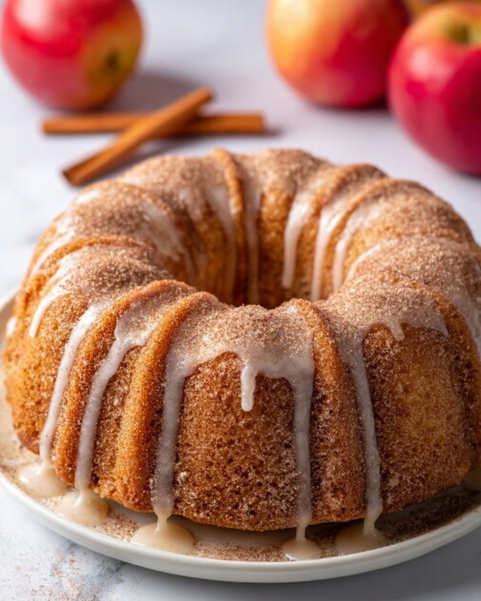 A bundt cake with a brown, slightly textured surface is on a white plate, resting on a white marbled surface. The cake has a thick layer of white icing dripping unevenly down the sides and is sprinkled with granulated sugar and cinnamon on top, giving it a grainy look. The cake shape features a central hole and scalloped edges, making it look fluffy and moist. In the background, two red apples and some cinnamon sticks lay slightly out of focus. Photo taken with an iphone --ar 4:5 --v 7