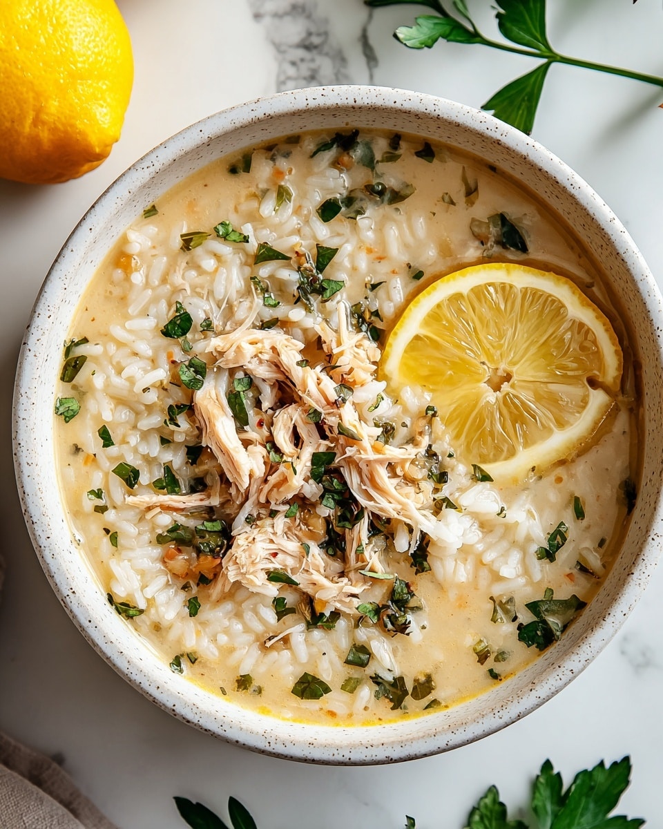A white speckled bowl filled with a thick soup made of creamy broth and soft white rice. Shredded pieces of light brown chicken are scattered on top, mixed with small bits of green herbs spread across the soup. A bright yellow lemon wedge sits on the right edge of the bowl, adding a pop of color against the pale soup. The bowl is placed on a white marbled surface with a few green herb leaves around it and a partial view of a lemon in the top left corner. The scene is bright with natural light highlighting the textures and colors. photo taken with an iphone --ar 4:5 --v 7