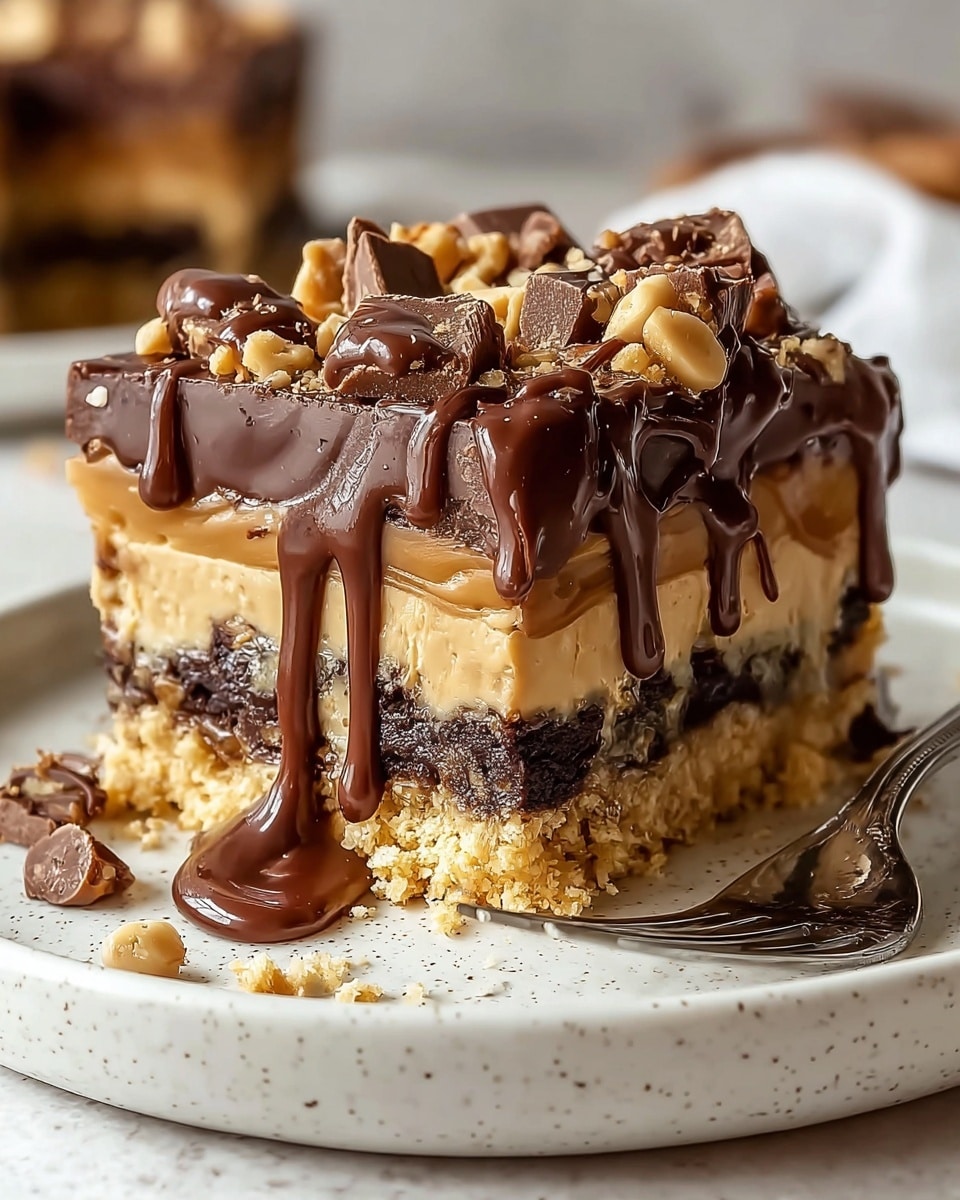 A close-up view of a multi-layer dessert bar on a white plate with slight speckled texture, featuring a crumbly golden base layer mixed with bits of dark chocolate chunks. Above it is a thick, smooth caramel layer with a creamy texture. On top of the caramel is a thick dark chocolate layer dripping down the sides in rich, glossy streaks. The top is covered with varied pieces of chocolate chunks, caramel bits, and small light golden crunchy clusters. A silver fork rests on the plate near the dessert, and the backdrop is a soft-focus white marbled texture. photo taken with an iphone --ar 4:5 --v 7
