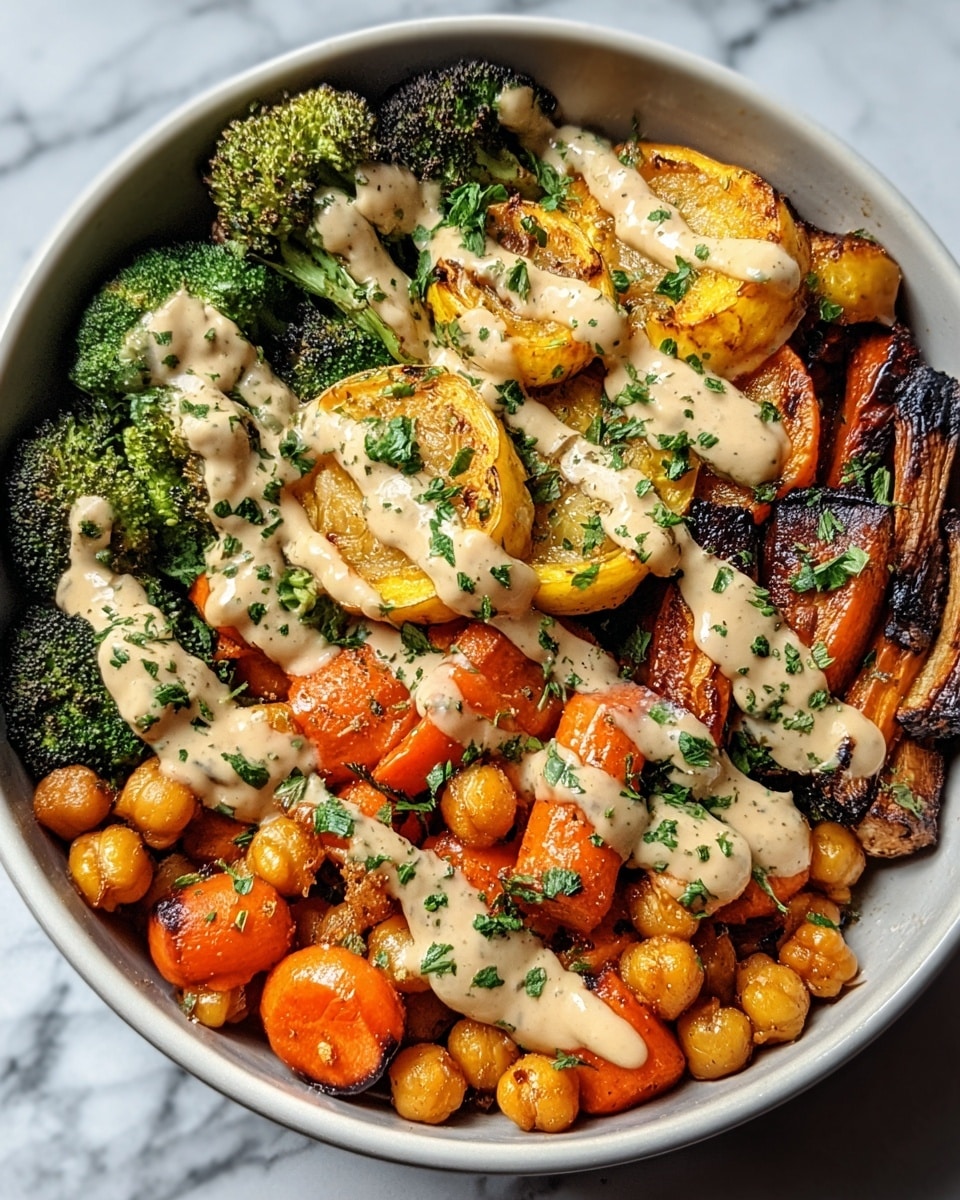 A round white bowl is filled with layers of roasted vegetables starting with light golden brown chickpeas and small, round orange carrot slices at the bottom left, moving towards charred golden and dark brown potato slices in the center with some caramelized edges. The upper right side features bright green broccoli florets and slightly blackened grilled mushrooms with a deep purple hue. All the vegetables are topped with a creamy, light beige sauce drizzled unevenly, dotted with visible black pepper flakes, and sprinkled with finely chopped fresh green herbs. The bowl is placed on a white marbled surface. photo taken with an iphone --ar 4:5 --v 7