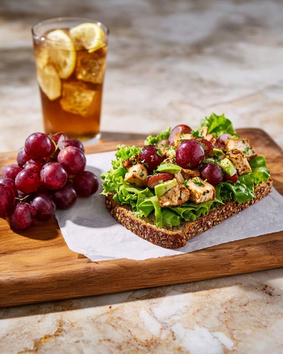 An open sandwich is placed on a white parchment sheet over a wooden cutting board. The sandwich has two layers; the base layer is a slice of dark multigrain bread with visible seeds and grains. On top of the bread is a layer of fresh green lettuce leaves that add a light, leafy texture. The top layer is a mixture of diced grilled chicken pieces with a golden-brown crust, halved red grapes, and small avocado chunks, all mixed with finely chopped herbs and seasoning. To the side of the cutting board is a small bunch of shiny purple-red grapes. Behind the cutting board, there is a clear glass of iced tea with ice cubes and lemon slices. The whole scene sits on a white marbled surface. Photo taken with an iphone --ar 4:5 --v 7