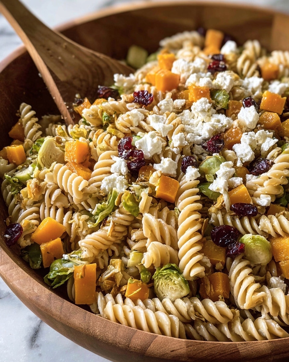 A close-up view of a wooden bowl filled with a colorful pasta salad made from spiral rotini pasta. The dish has several layers including light golden pasta, bright orange cubes of roasted pumpkin or sweet potato, small green pieces of cooked Brussels sprouts, white dollops of crumbled cheese, and scattered dark red dried cranberries. The textures range from soft pasta and tender vegetables to crumbly cheese, all mixed well and filling the bowl. A wooden spoon is partially visible on the left side inside the bowl, resting on the pasta. The photo is set on a white marbled surface. photo taken with an iphone --ar 4:5 --v 7