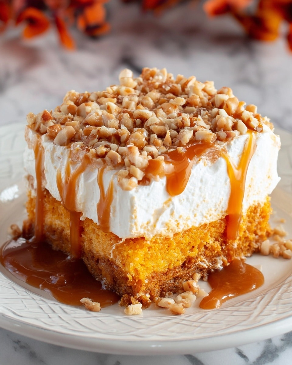 The image shows a square piece of dessert with three clear layers. The bottom layer is an orange, soft, and moist cake. On top of the cake is a thin layer of white cream with a smooth and fluffy texture. The top layer is covered with small light brown nut pieces scattered evenly, and a glossy caramel sauce drizzled over everything, slightly dripping down the sides. The dessert sits on a white plate with a subtle decorative pattern, placed on a white marbled surface. Photo taken with an iphone --ar 4:5 --v 7