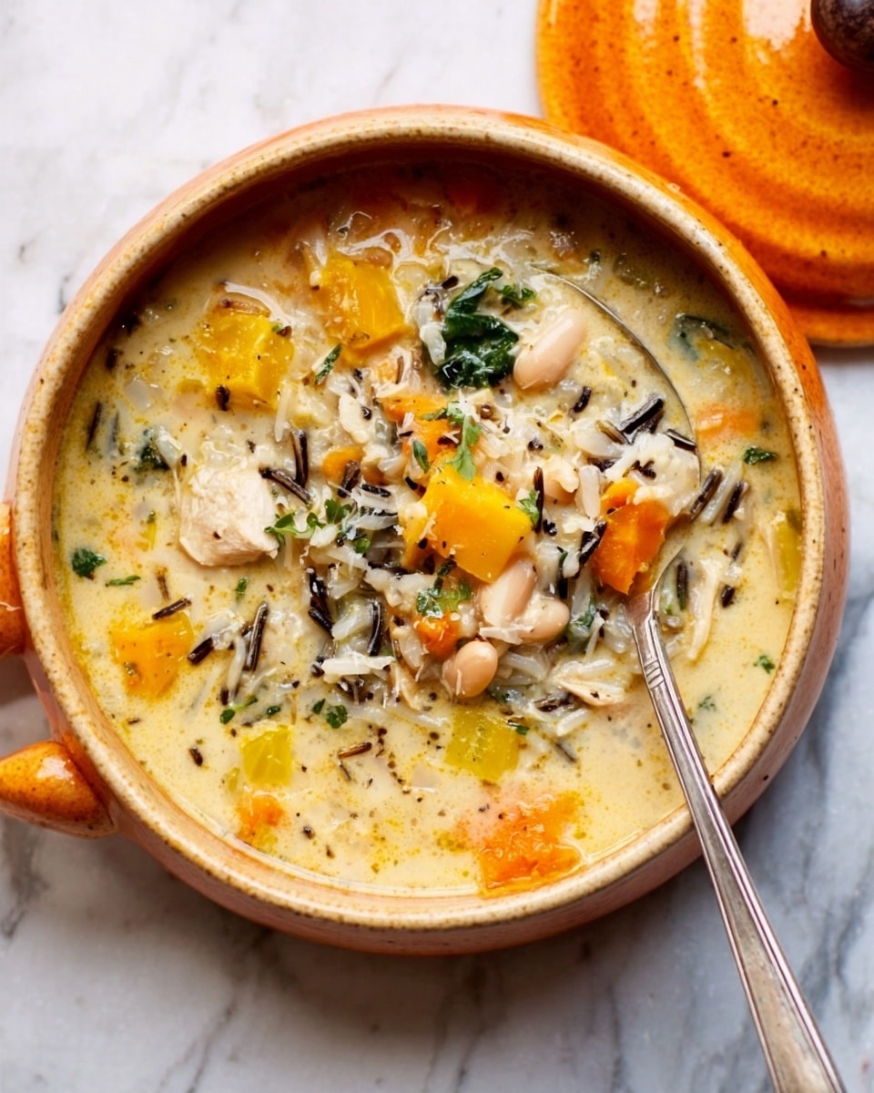 A close-up view of a thick soup served in an orange bowl with a matching lid placed to the side. The soup has a creamy broth filled with layers of light beige beans, chunks of chicken, wild rice strands, and slices of bright orange and yellow carrots. The ingredients are mixed evenly throughout the creamy base, with the rice strands adding texture contrast. A metal spoon rests inside the bowl, partially submerged in the soup. The bowl is placed on a white marbled surface, emphasizing the soup's warm colors and rich texture. Photo taken with an iphone --ar 4:5 --v 7