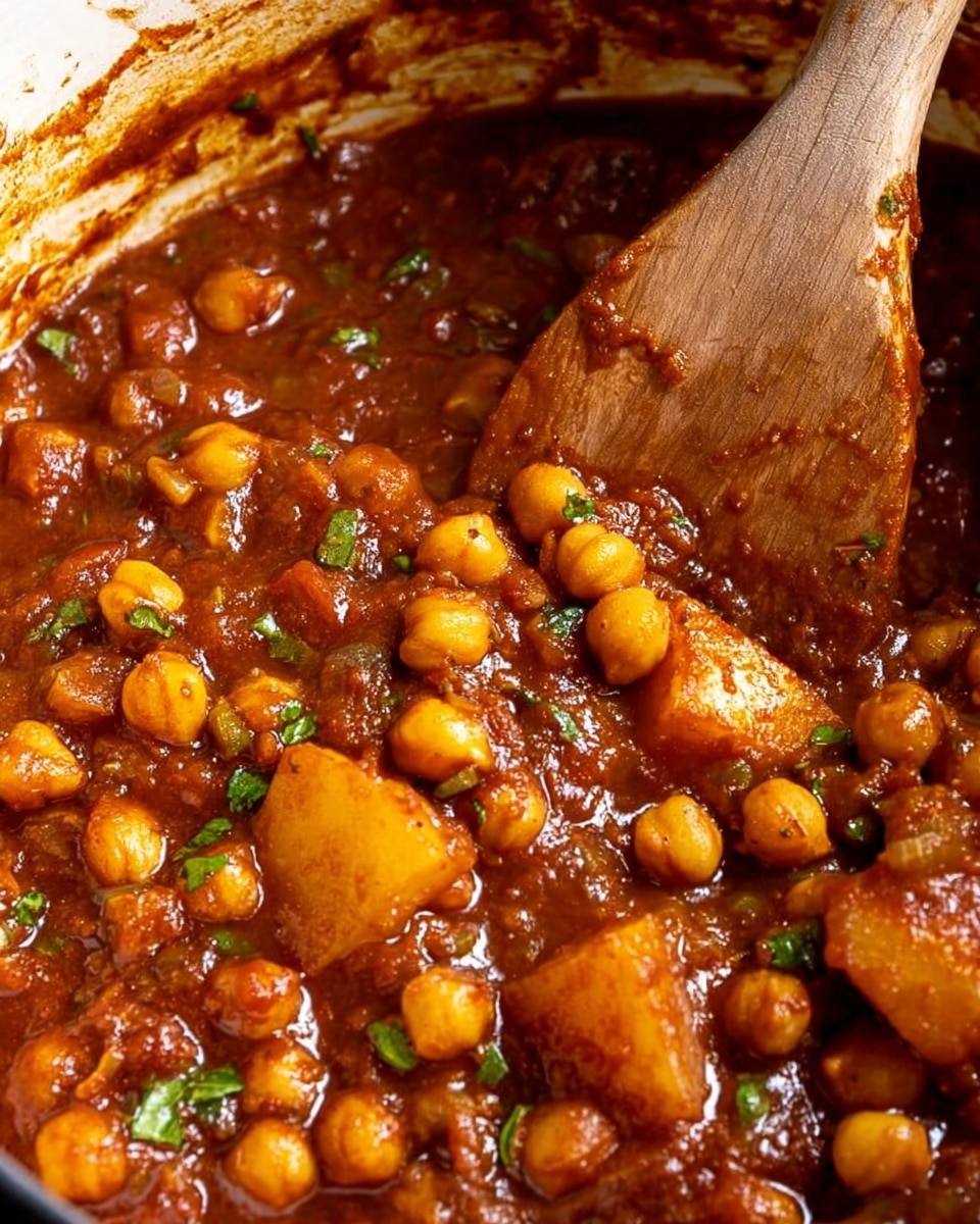 A close-up view of a thick stew with chickpeas and potato chunks in a rich, dark reddish-brown sauce. The chickpeas are round and golden, scattered evenly throughout the stew, while the potato pieces are larger, soft, and coated with the sauce. Small bits of green herbs and onions add tiny flecks of color, creating a fresh contrast. A wooden spoon rests inside the pot on the right side, partly covered in the sauce. The background shows the inside of a pot with a messy rim, coated with sauce splatters. photo taken with an iphone --ar 4:5 --v 7