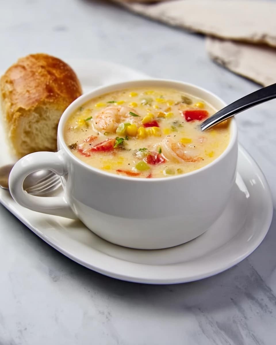 A creamy soup served in a white cup with two handles, filled with a thick yellowish broth mixed with visible diced red bell peppers, corn kernels, small shrimp, and bits of green herbs; the cup sits on a white elongated plate that also holds a piece of crusty bread with a golden brown crust and soft interior. The scene is set on a white marbled surface, and a spoon is inside the cup, angled toward the back. Photo taken with an iphone --ar 4:5 --v 7