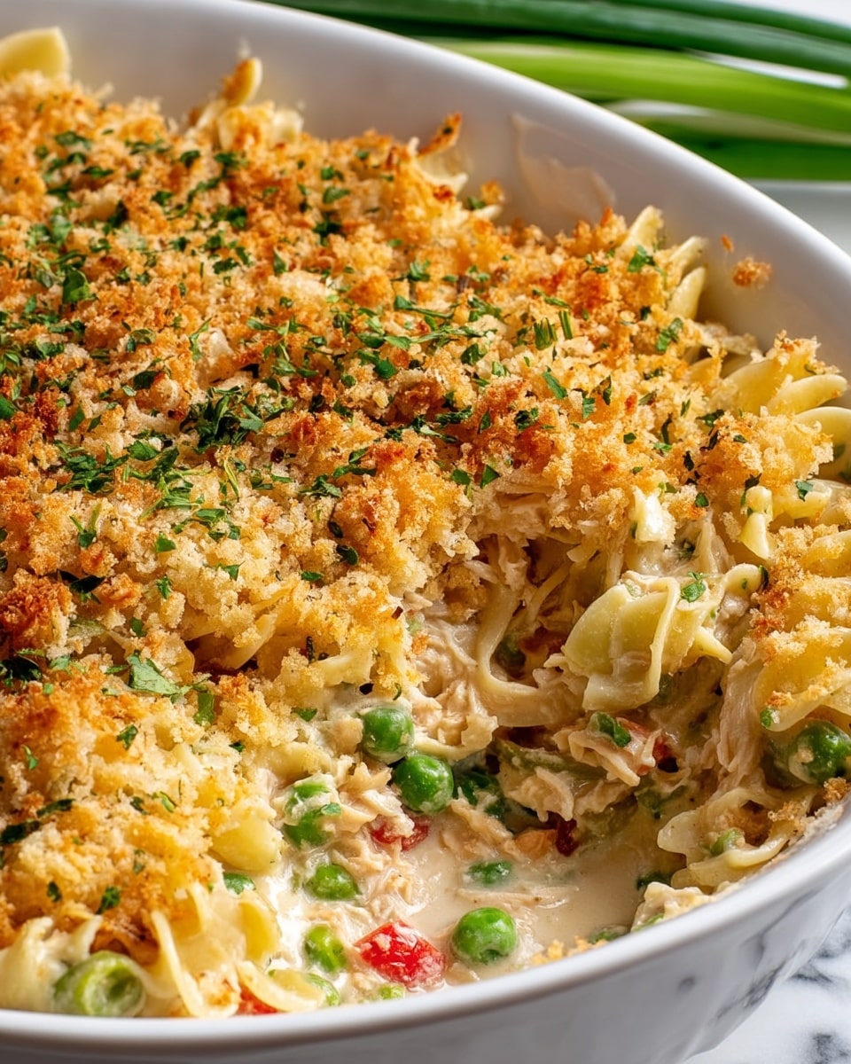 This image shows a close-up of a creamy tuna noodle casserole in a white oval dish. The dish has three visible layers: the bottom layer has light beige, twisted egg noodles mixed with green peas and small pieces of red and green vegetables; the middle layer is creamy and cheesy, binding the ingredients together; the top layer is a crispy, golden-brown breadcrumb crust sprinkled with green herbs, giving it a crunchy texture. A scoop has been taken out from one side, revealing the soft, moist noodles and vegetables inside. The dish rests on a white marbled surface with some green stalks blurred in the background. Photo taken with an iphone --ar 4:5 --v 7