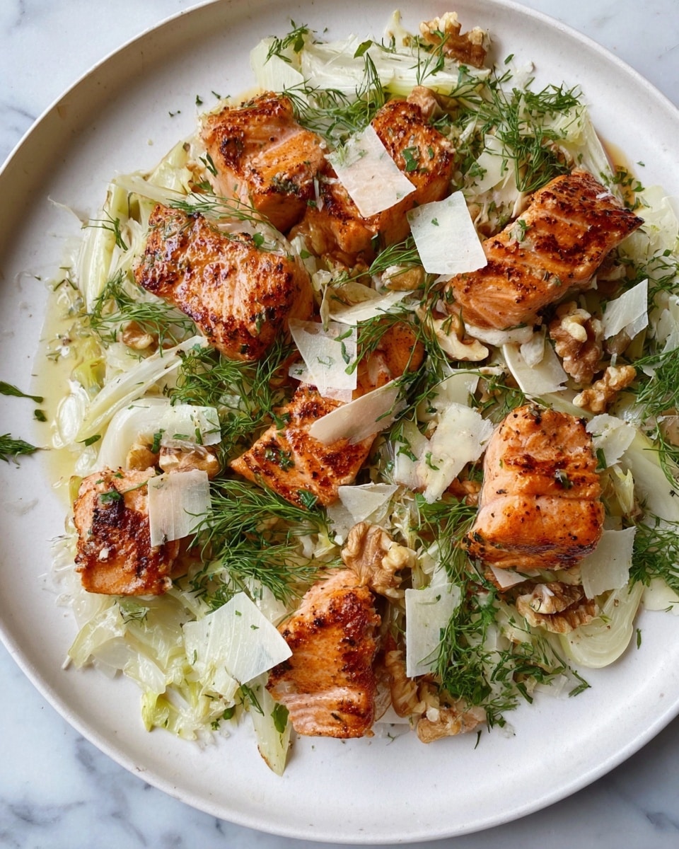 On a white plate with a white marbled surface underneath, there is a dish made of several pieces of grilled salmon with a slightly charred orange and golden brown color on top. The salmon pieces are scattered over a bed of thinly sliced pale green fennel and white cheese shavings. Surrounding the salmon and fennel are small bits of green herbs and delicate fennel fronds, adding a fresh touch of bright green. The dish also shows some light yellow oil or dressing drizzled on top, giving it a slight shine. photo taken with an iphone --ar 4:5 --v 7