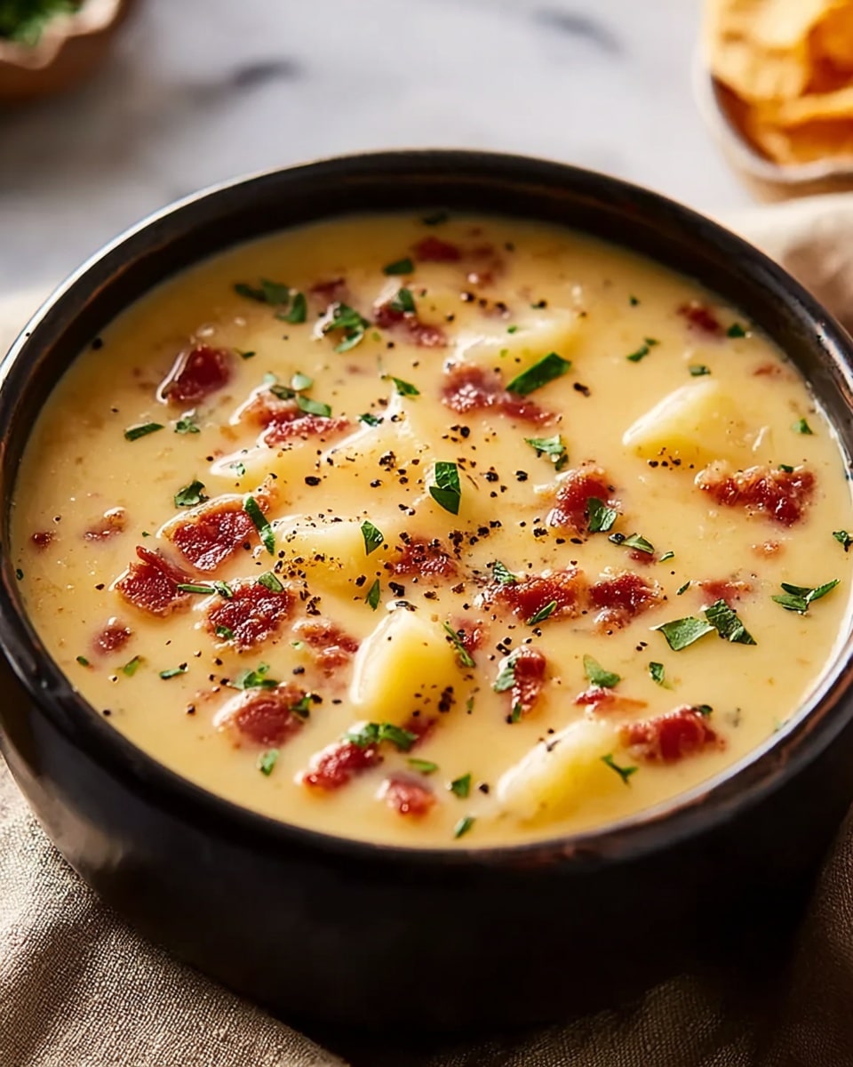 A bowl of creamy potato soup is shown, with a smooth light yellow base filled with soft, diced potato pieces. Scattered on top and mixed inside are small bits of reddish bacon giving a textured contrast, along with sprinkled green herbs and black pepper for a fresh and slightly spicy touch. The soup is served in a round black bowl placed on a white marbled surface, creating a warm and inviting look. Photo taken with an iphone --ar 4:5 --v 7