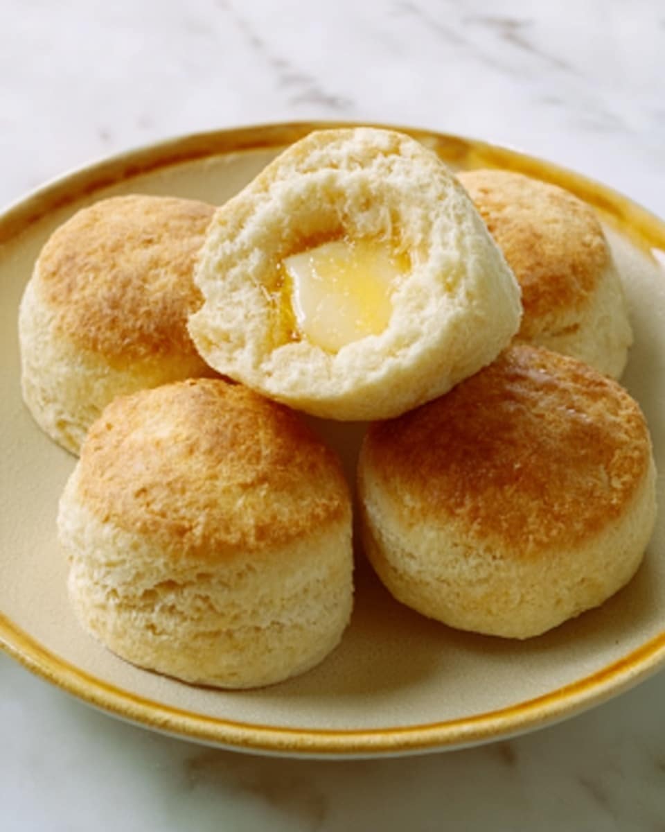 The image shows five golden brown biscuits arranged on a white plate, with one biscuit in the center split open to reveal melted butter slowly oozing out. The biscuits have a soft, crumbly texture with slightly rough tops and smooth sides. The warm golden color contrasts with the creamy yellow butter in the middle. The plate sits on a white marbled surface. Photo taken with an iphone --ar 4:5 --v 7