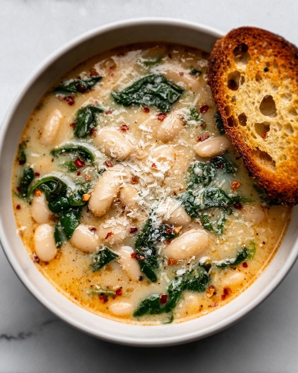 A white bowl filled with a creamy soup that has a base layer of light beige broth mixed with white beans and wilted dark green spinach leaves scattered throughout. The beans are plump and pale, partially submerged in the soup while bright green spinach leaves add texture. Finely grated white cheese is sprinkled on top, melting slightly into the hot soup, along with small specks of black pepper and red chili flakes providing a hint of color. On the right side of the bowl, a thick slice of toasted golden-brown bread with a crunchy texture and some small holes is placed, leaning against the side of the bowl. The bowl sits on a white marbled surface. photo taken with an iphone --ar 4:5 --v 7