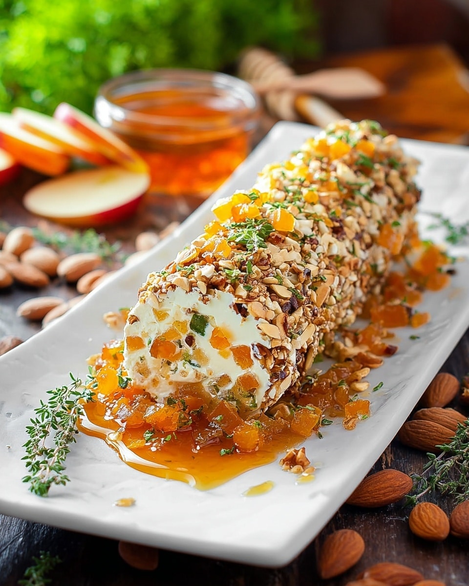 A log-shaped cheese ball covered in three main layers sits on a long, white plate. The innermost layer is creamy white cheese, thick and smooth. Around it is a layer of bright orange small diced pieces, possibly dried apricots, mixed with green herbs, giving a fresh contrast. The outermost layer consists of chopped nuts and sesame seeds, which add a coarse texture with a mix of brown and beige colors. The cheese ball rests on a pool of glossy, amber-colored apricot jam spread around the base, adding shine and a sticky contrast. The setting includes scattered nuts, herbs, and apple slices on a dark wooden surface, changed here to a white marbled texture, with some greenery softly blurred in the background. Photo taken with an iphone --ar 4:5 --v 7