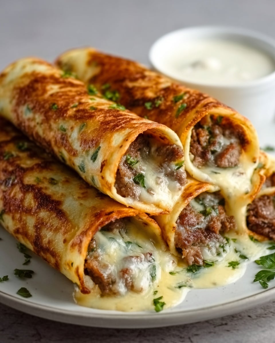 The image shows four rolled wraps stacked side by side on a white plate, each filled with a mix of melted cheese, cooked ground meat, and small bits of green herbs visible inside. The wraps are golden brown with a crispy texture, with some darker browned spots on the surface. A white sauce can be seen at the edges of the wraps, slightly oozing out. The plate sits on a white marbled textured surface, and there is a small white bowl with more sauce placed blurred in the background. The lighting highlights the warm colors and textures of the wraps nicely. Photo taken with an iphone --ar 4:5 --v 7
