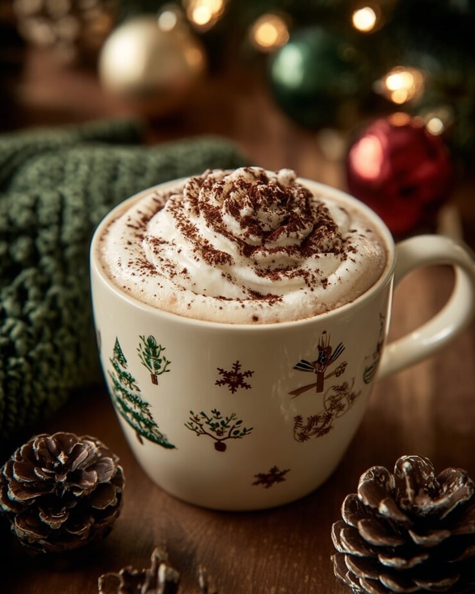 A white mug with brown and green Christmas-themed drawings, filled with a dark brown drink topped with a thick layer of white whipped cream, sprinkled lightly with brown cocoa powder. The mug is on a wooden surface with blurred Christmas decorations like pine cones, green knitted fabric, and shiny gold and red balls in the background. The lighting is warm and soft, creating a cozy feeling. Photo taken with an iphone --ar 4:5 --v 7