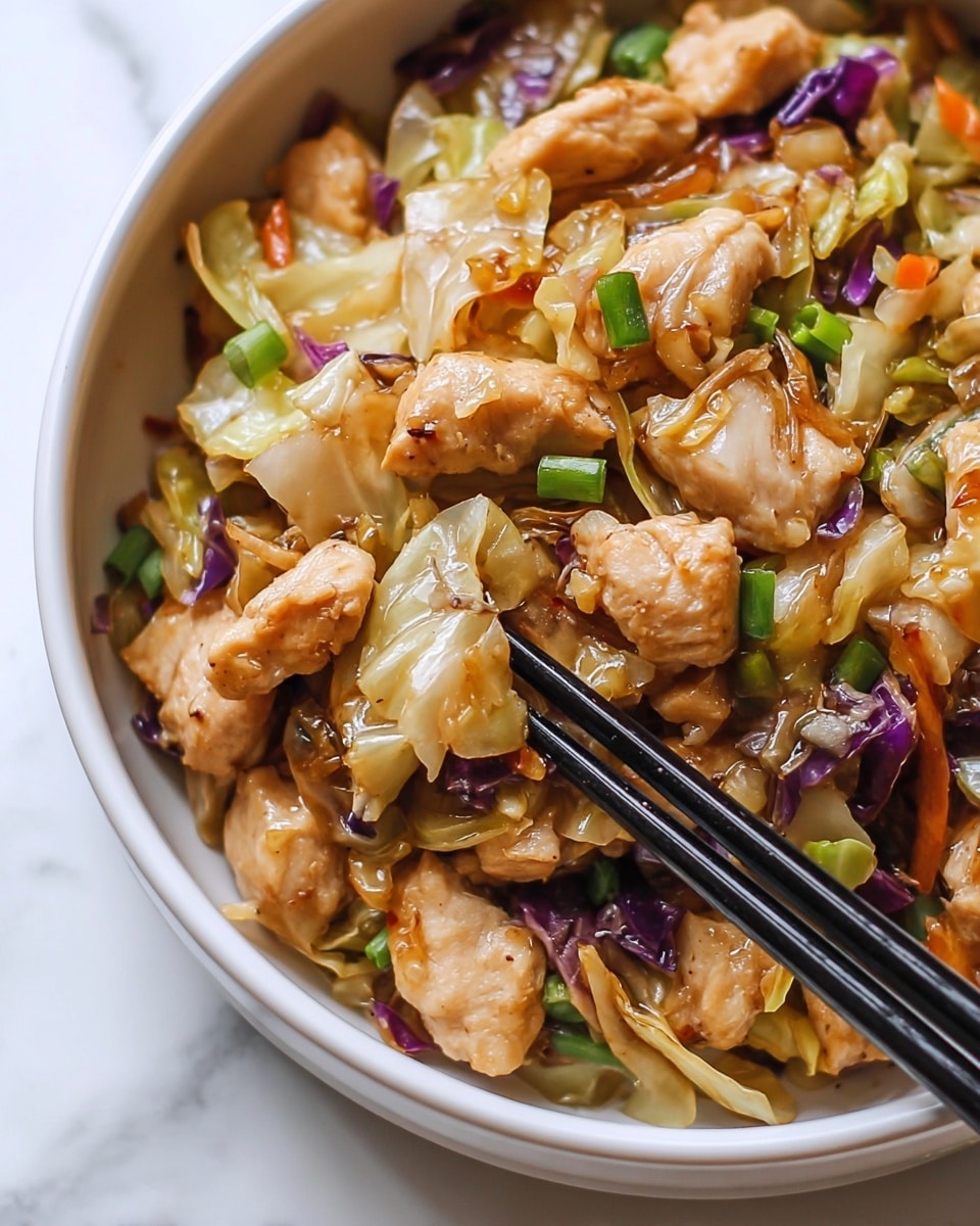 The dish is a close-up view of stir-fried chicken pieces mixed with chopped vegetables. It has one layer showing light brown cooked chicken chunks scattered throughout, mixed with small pieces of green onions, chopped orange carrots, translucent cooked cabbage, and bits of purple cabbage. The ingredients are soft and slightly shiny, with light browning on the chicken and caramelized onions. The food is served inside a white bowl with a thin dark rim. A pair of black chopsticks hold some food on the right side of the bowl. The background features a white marbled texture. photo taken with an iphone --ar 4:5 --v 7