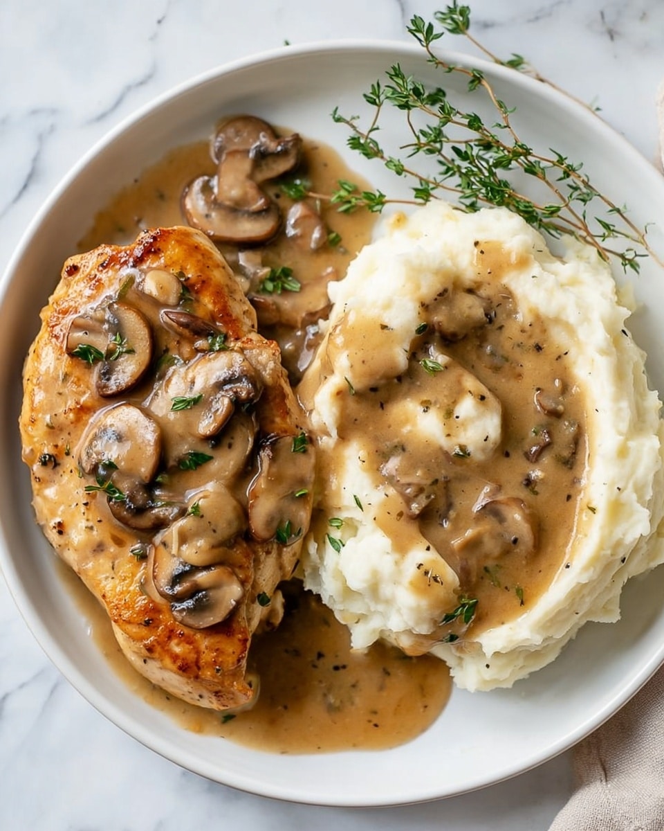 A white round plate on a white marbled surface holds two main parts: on the left, a browned grilled chicken breast covered in a creamy brown mushroom sauce with sliced mushrooms on top, garnished with small green herb leaves; on the right, a mound of fluffy white mashed potatoes drizzled with the same brown mushroom sauce and topped with a couple of mushroom slices, with a sprinkle of black pepper for texture. A few fresh green herb sprigs lie near the mashed potatoes for decoration. photo taken with an iphone --ar 4:5 --v 7