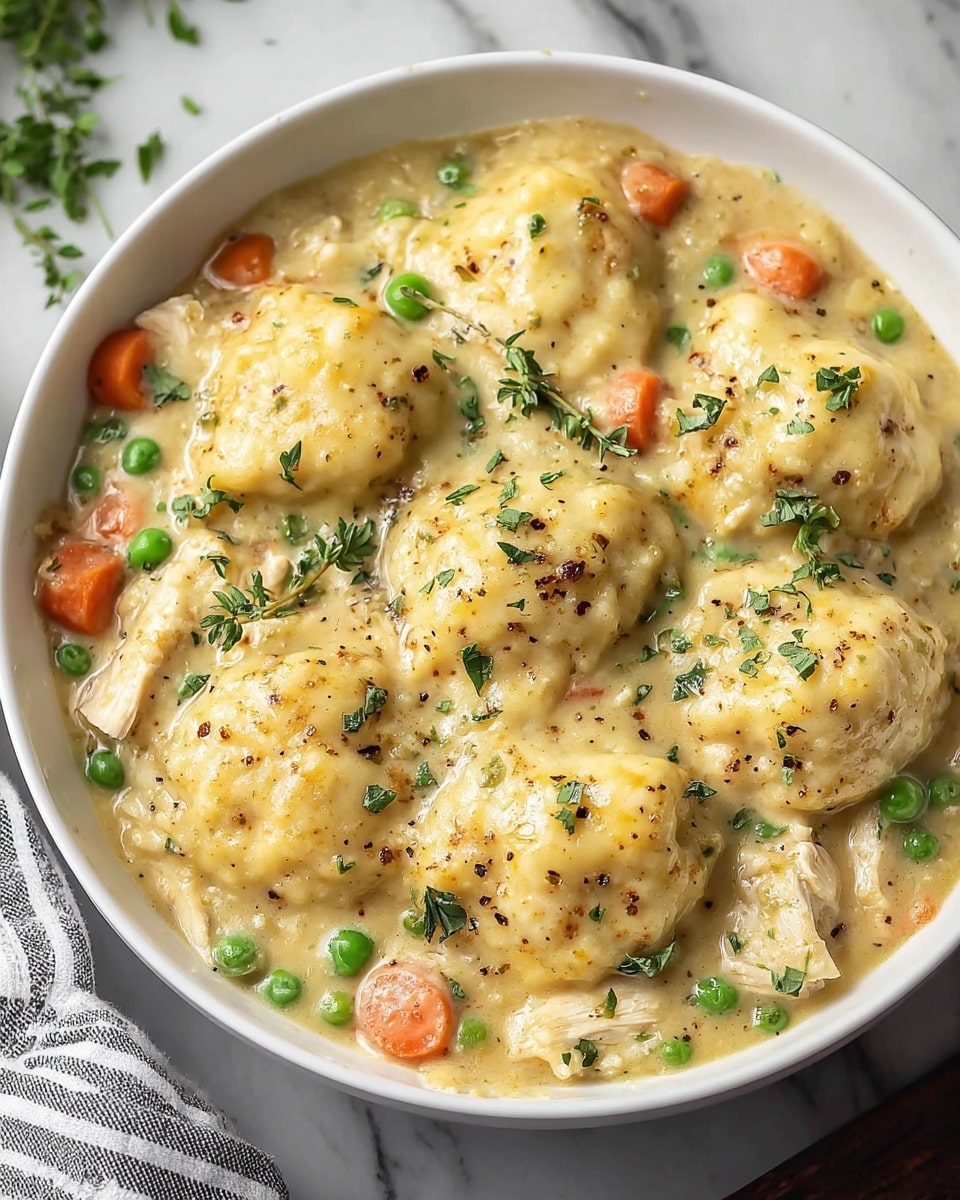 A white bowl filled with a thick stew that has visible layers of food including six golden brown biscuit dumplings on the top layer, scattered with green herbs. The stew base is creamy with small pieces of cooked chicken, bright orange carrot slices, lively green peas, and a lightly speckled surface with herbs and spices. The dish sits on a white marbled texture surface with a small part of a patterned cloth visible on the right side. photo taken with an iphone --ar 4:5 --v 7
