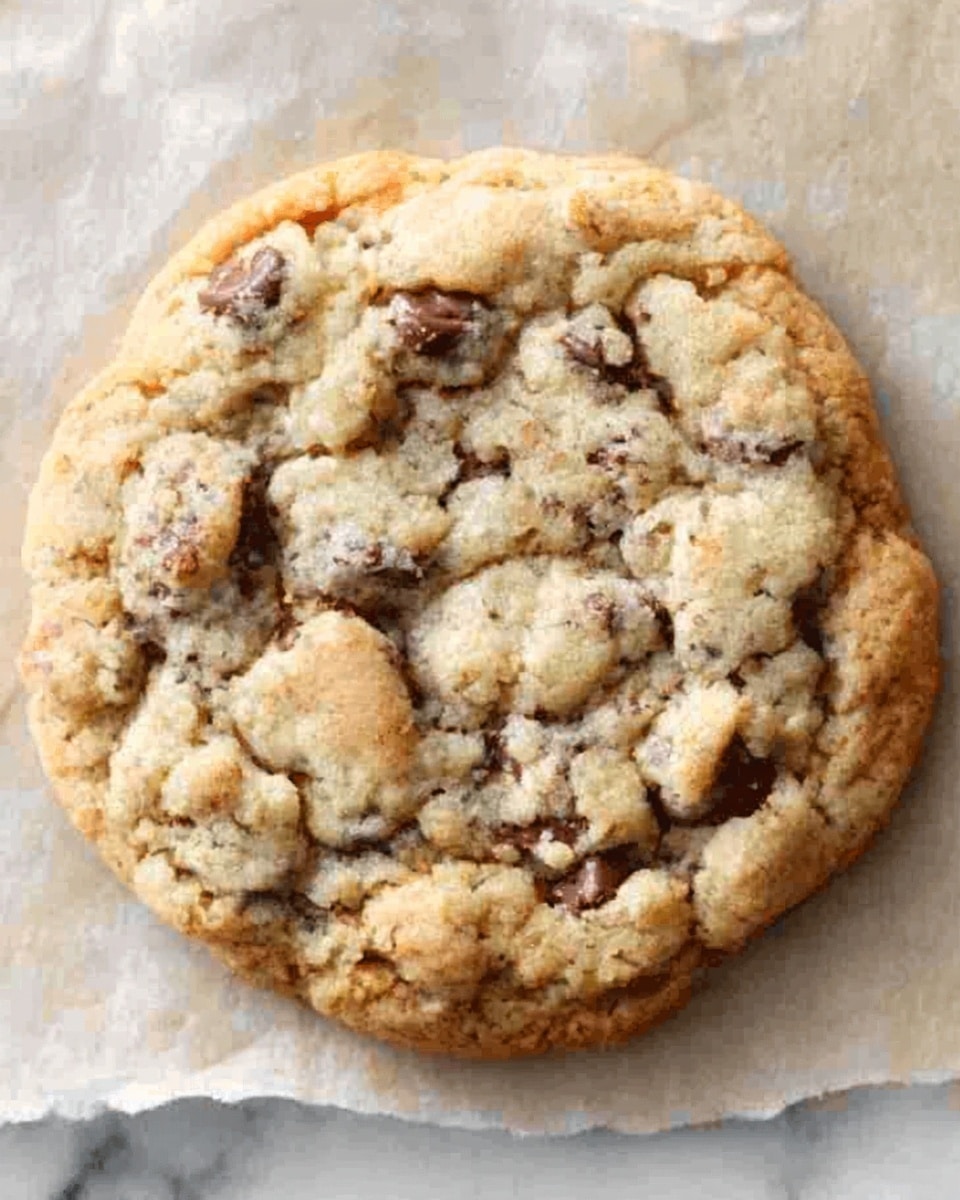 The image shows a close-up of a single round cookie placed on a piece of parchment paper over a white marbled surface. The cookie has three visible layers: a light golden-brown outer edge that looks slightly crisp, a middle layer with a softer, creamier beige color mixed with darker brown chocolate chunks evenly spread throughout, and a slightly cracked top with a textured, crumbly look. The cookie's surface has a mix of smooth and bumpy parts, giving it a fresh-baked feel. Photo taken with an iphone --ar 4:5 --v 7