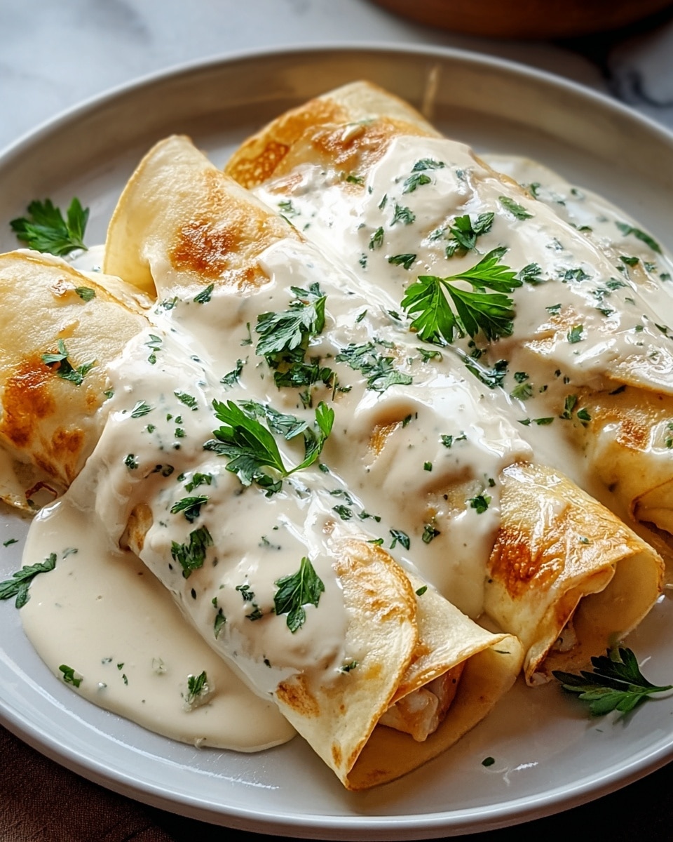 The image shows three rolled crepes arranged side by side on a white plate. Each crepe has a golden-brown surface with slight browning spots, creating a soft, slightly crisp texture. The crepes are covered in a thick, creamy white sauce that drapes over them smoothly, pooling slightly around the edges. Small chopped green herbs, likely parsley, are scattered across the sauce, adding a fresh color contrast. The dish rests on a white marbled surface that adds a clean and elegant feel to the presentation. photo taken with an iphone --ar 4:5 --v 7
