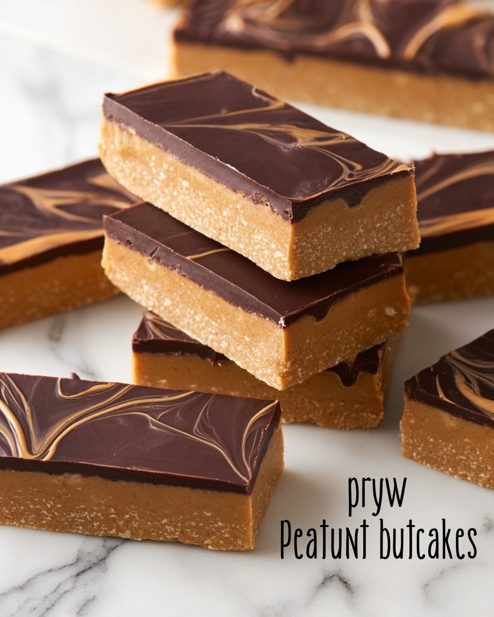 The image shows stacked protein bars with two clear layers: a thick, light brown bottom layer with a crumbly texture, and a smooth, dark chocolate top layer that has a shiny finish with gentle waves. The bars are cut into rectangular shapes and displayed resting on a white marbled surface. Another view shows multiple bars arranged in a white plate, highlighting their uniform rectangular shape and the rich contrast between the light brown base and dark chocolate top. Photo taken with an iphone --ar 4:5 --v 7
