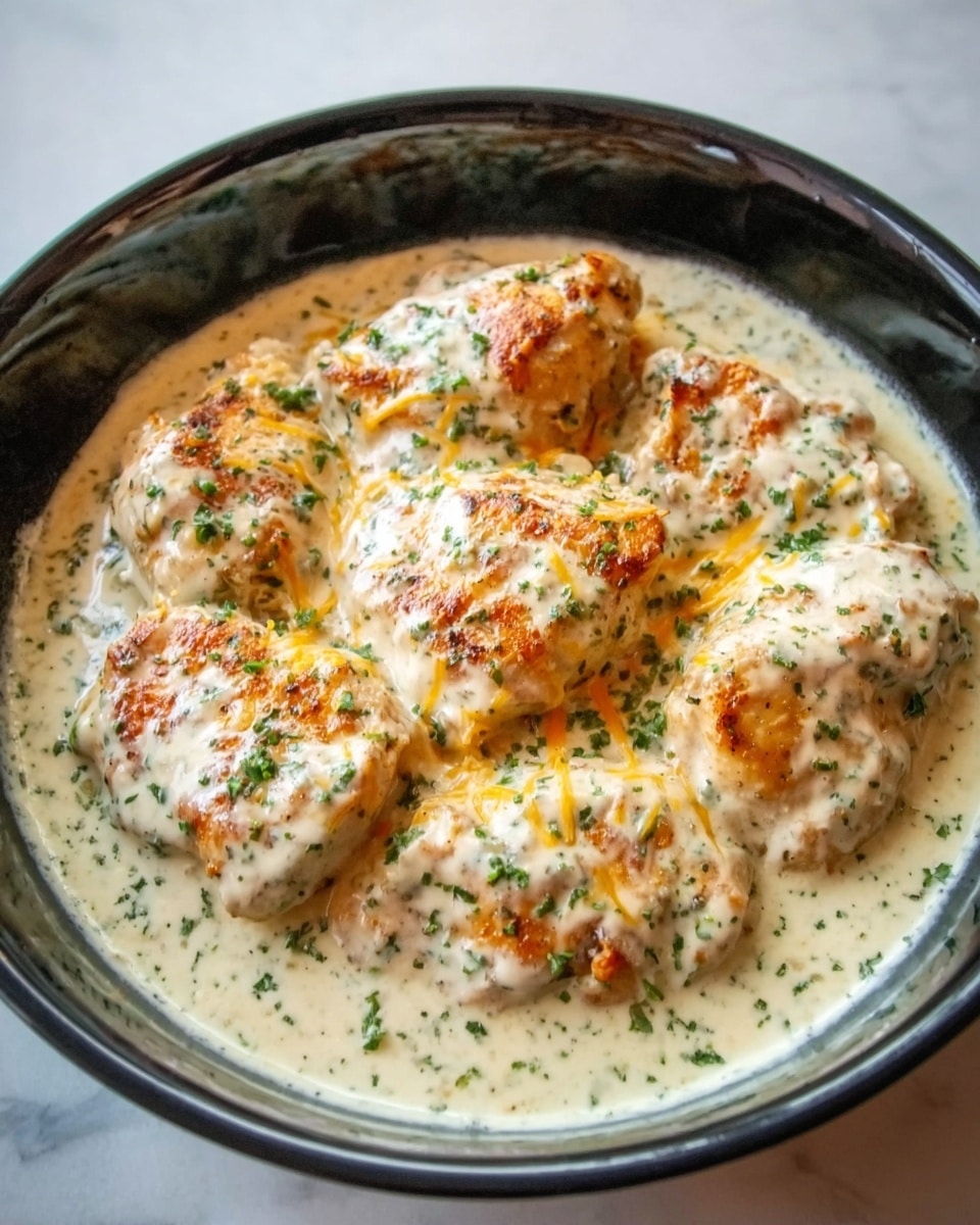 A deep white bowl filled with four large pieces of chicken covered in a creamy light beige sauce with specks of herbs. The chicken is topped with shredded yellow cheese that melts into the sauce. Small green herb bits are scattered on top for color. The creamy sauce looks smooth and thick, pooling around the chicken. The background is a clean white marbled texture. Photo taken with an iphone --ar 4:5 --v 7