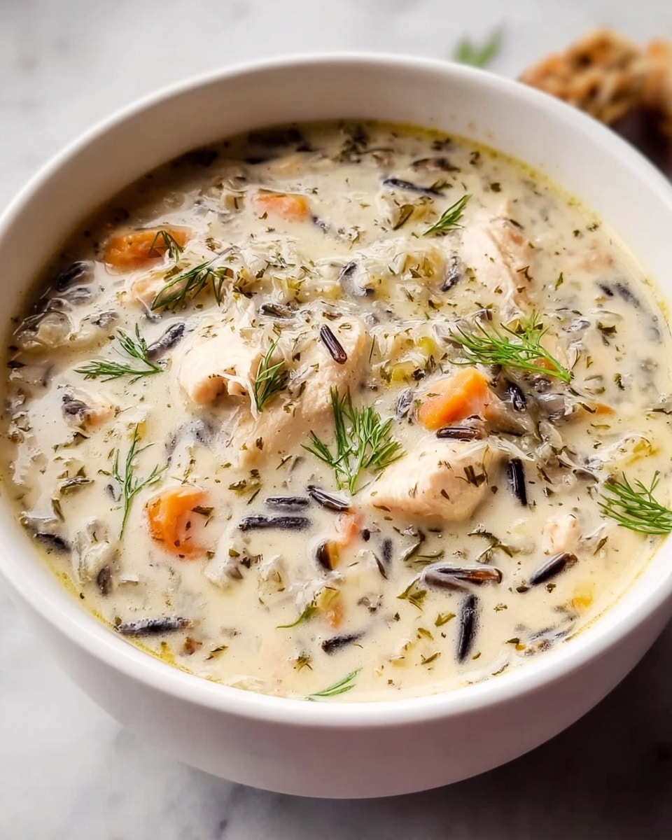 A white bowl filled with creamy chicken soup that has three main layers: the thick, creamy white broth at the base mixed with small bits of black wild rice throughout; pieces of light tan chicken chunks spread evenly on top with orange carrot pieces and small green herbs like dill scattered on the surface, adding splashes of color and texture; a few thin herbs float lightly, creating a fresh look. The bowl is set on a white marbled surface. photo taken with an iphone --ar 4:5 --v 7