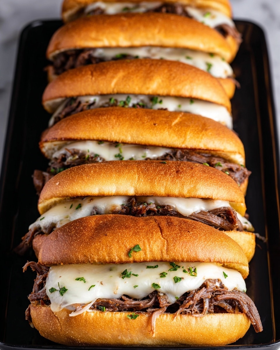 The image shows a close-up of five stacked sandwiches on a black tray, each sandwich with a soft, golden-brown toasted bun. Each sandwich has two main layers: the bottom layer consists of shredded, juicy brown beef, and the top layer is melted white cheese that stretches slightly beyond the edges of the beef. Small green herb flakes are sprinkled over the sandwiches, adding a touch of color. The buns look lightly buttered, with a shiny, slightly crispy texture. The sandwiches are tightly packed, showing the layers clearly from top to bottom, all placed on a white marbled texture background. photo taken with an iphone --ar 4:5 --v 7