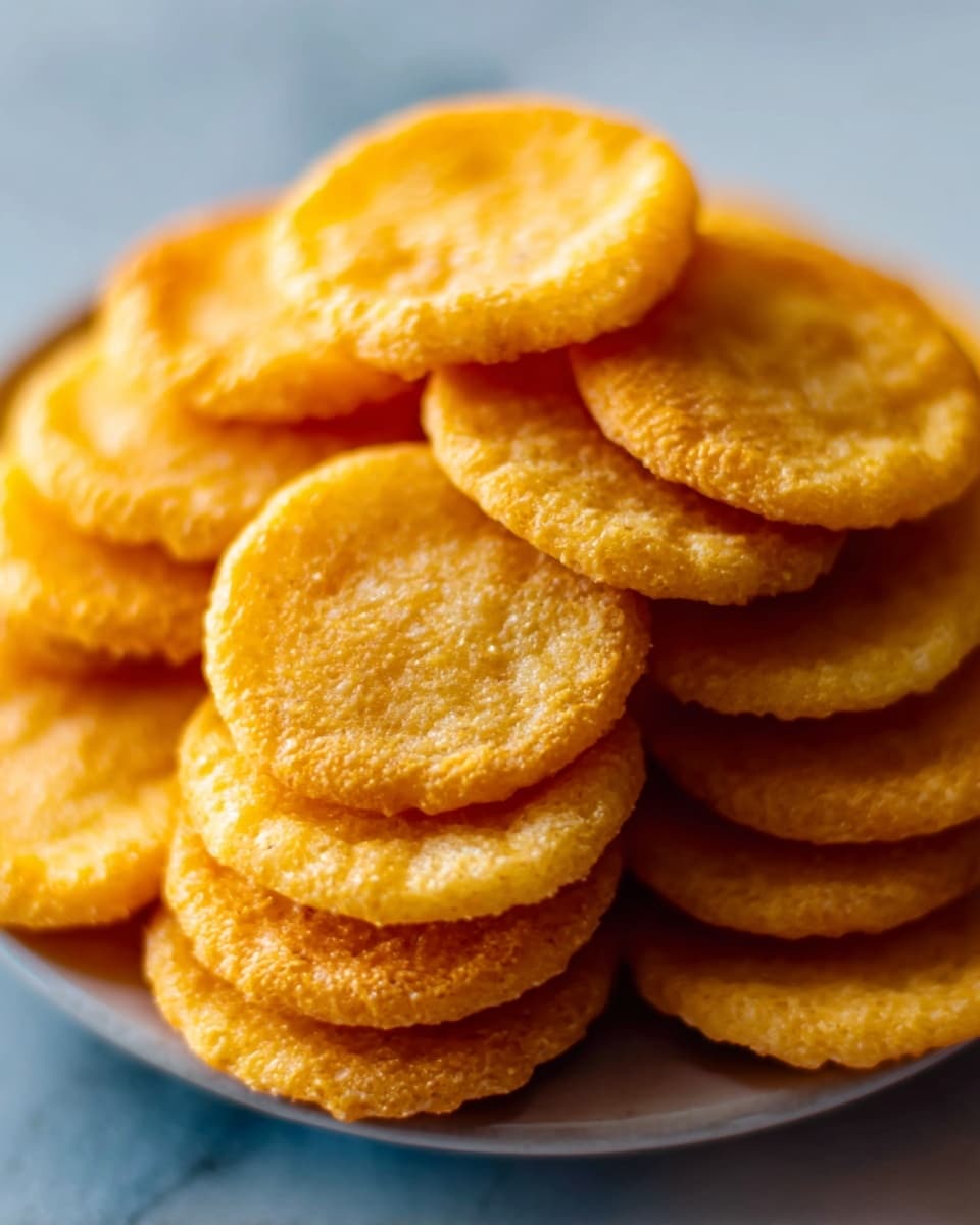 A close-up view of a stack of small, round, golden-yellow patties with a slightly shiny surface, showing a soft and smooth texture. The patties are piled on a white plate, and the plate is set on a white marbled surface. The light highlights the warm color and slight crisp edges of the patties. photo taken with an iphone --ar 4:5 --v 7