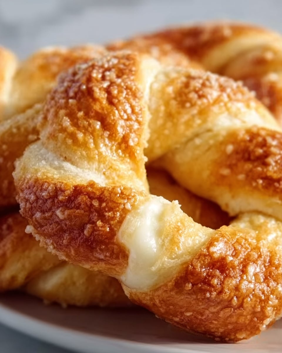 The image shows a close-up of a soft bread ring with a shiny, golden brown crust sprinkled with coarse salt crystals. The bread has a textured, slightly puffy surface with some spots where the crust is lighter and more delicate, revealing a fluffy inside. The ring is placed on a white marbled surface, and the inside looks light and airy. photo taken with an iphone --ar 4:5 --v 7