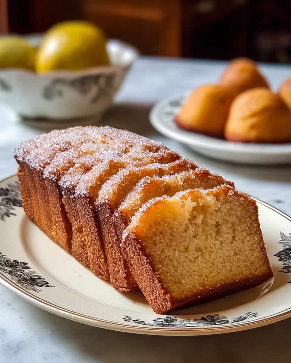 A loaf cake is cut into even slices arranged side by side in a single row on a white plate with black floral patterns. The cake has one inner layer visible, showing a light golden brown soft and moist texture inside, with a darker brown crust on the outside. The top part is sprinkled heavily with coarse sugar crystals that shine in the light, giving a grainy texture. The background shows blurred kitchen items on a white marbled surface. photo taken with an iphone --ar 4:5 --v 7