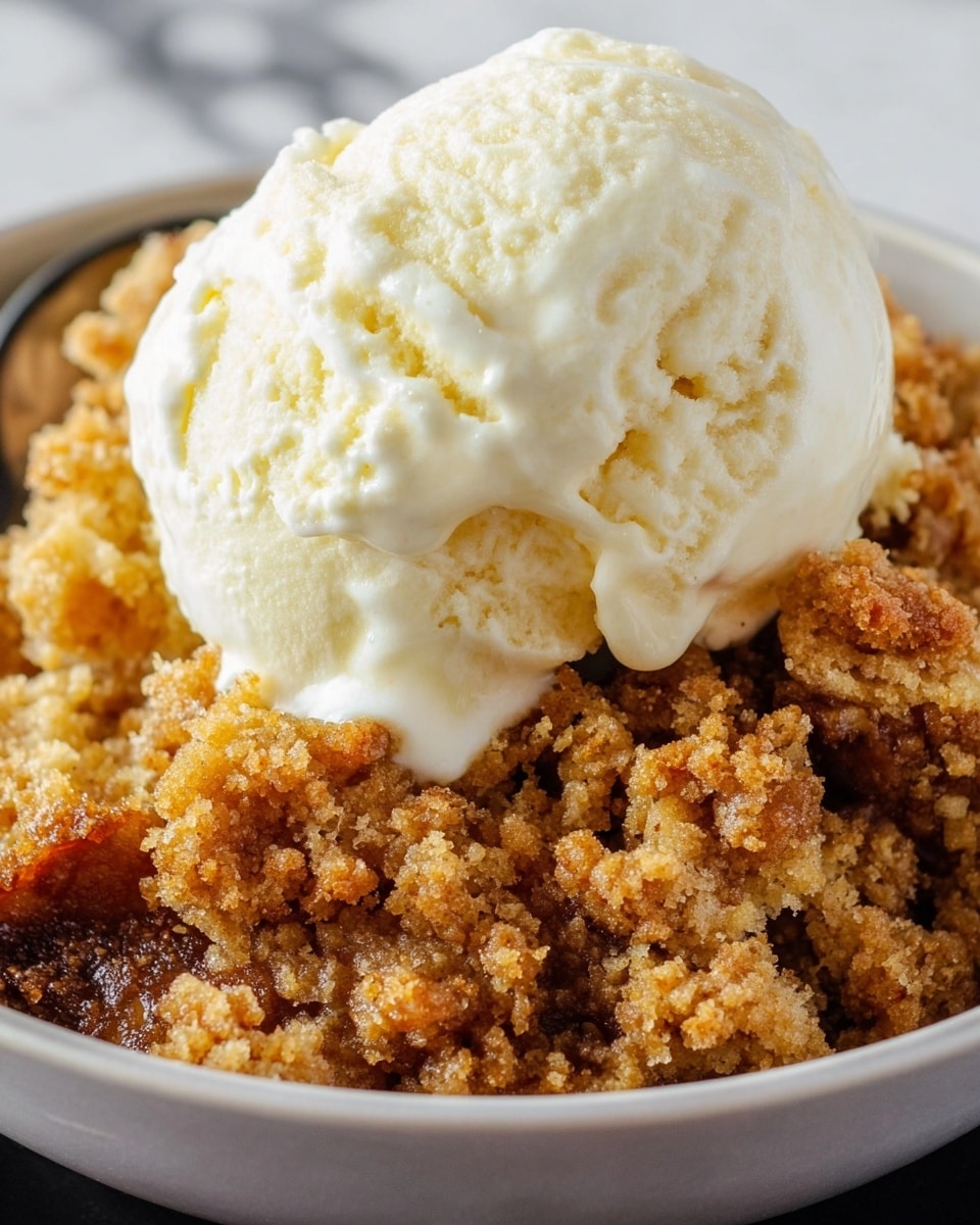 A close-up view of a dessert with two layers: the bottom layer is a crumbly, soft pumpkin-colored mixture with bits of brown and orange textures, looking moist and spiced, while the top layer is a large scoop of smooth, creamy white ice cream with visible vanilla bean flecks, gently melting on the pumpkin base, all served in a white bowl placed on a white marbled surface. photo taken with an iphone --ar 4:5 --v 7