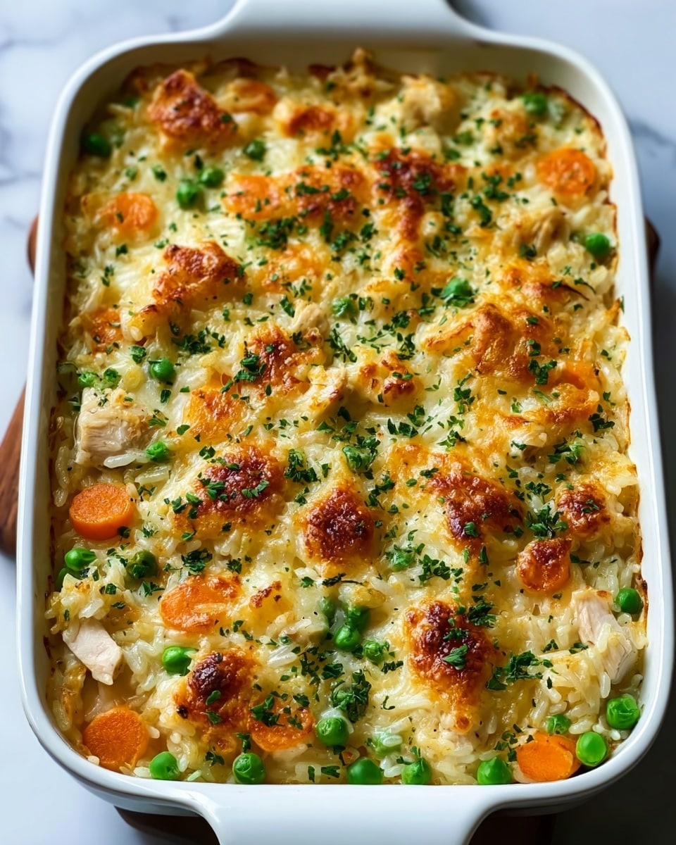 The image shows a baked rice dish in a white rectangular ceramic dish. The dish has one main layer of creamy rice mixed with pieces of white chicken, round slices of orange carrot, and bright green peas. The top is covered with melted, golden-brown cheese with a slightly crispy texture. Green herbs are sprinkled evenly over the top, adding a fresh touch. The dish sits on a white marbled surface. Photo taken with an iphone --ar 4:5 --v 7