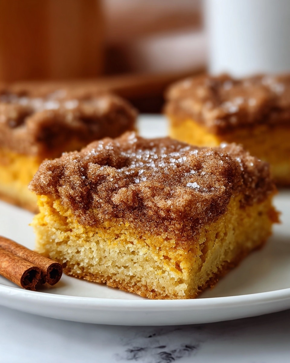 The image shows a close-up of a square piece of cake on a white plate, placed on a white marbled surface. The cake has two visible layers: the bottom layer is a moist, light orange-yellow cake with a soft texture, while the top layer is a thick, crumbly brown cinnamon sugar topping sprinkled with granulated sugar crystals. Behind the main piece, there are two more similar cake pieces slightly out of focus, with a cinnamon stick resting on one of them. The overall look is warm and inviting, highlighting the texture and detail of the topping and cake layers. photo taken with an iphone --ar 4:5 --v 7